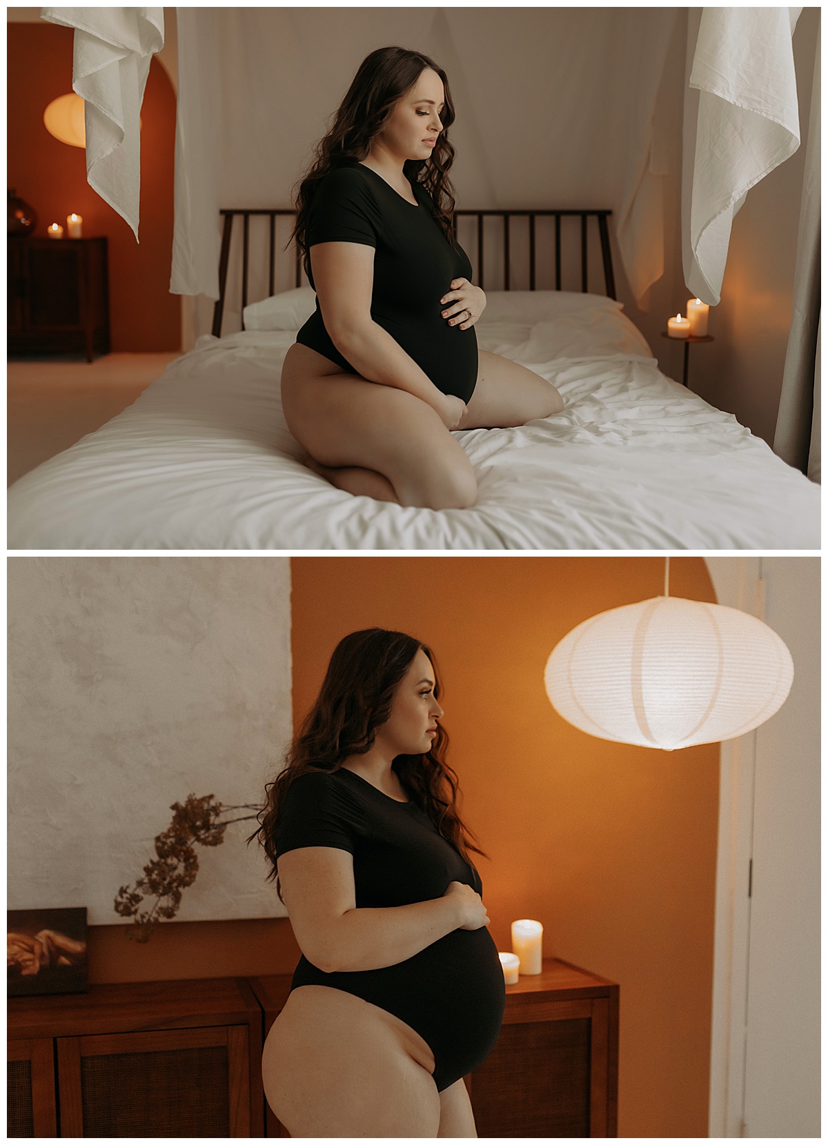 Female wears black bodysuit and holds baby bump during her Maternity Boudoir session