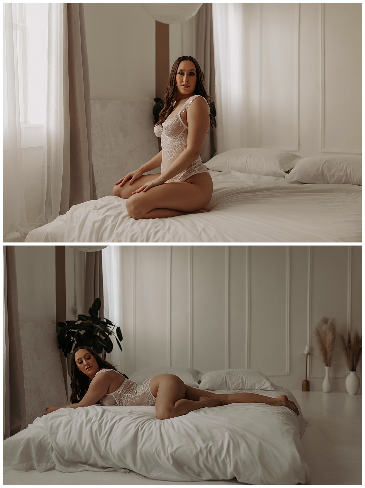 Adult sits and lays on a bed for Minneapolis Boudoir Photographer