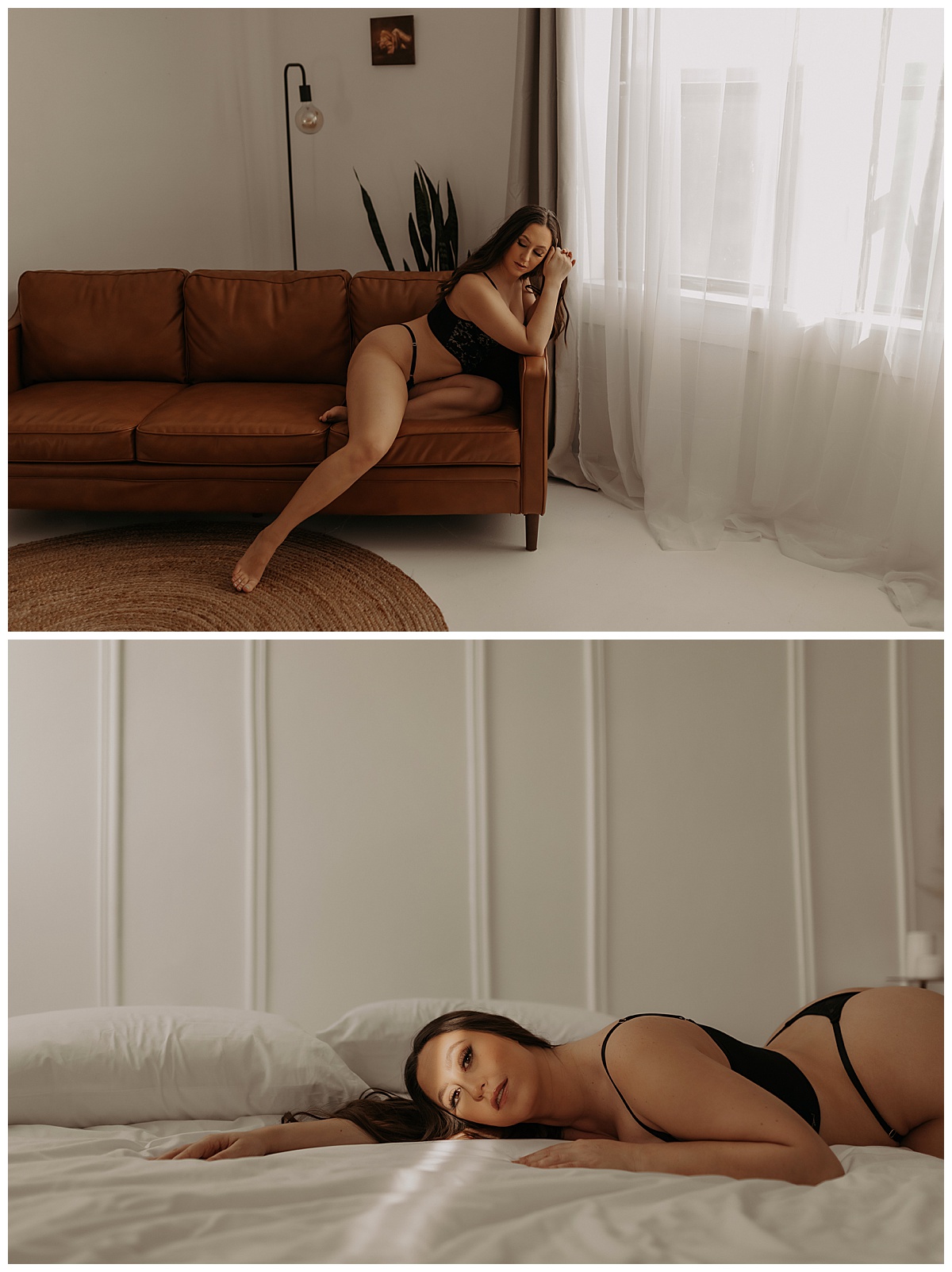 Person lays against a bed and on a couch wearing lingerie showing the benefits of doing More Than One Boudoir Session