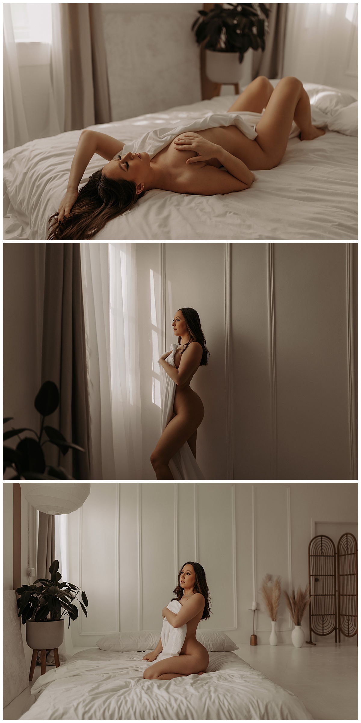 Person covers her body with a white sheet for Minneapolis Boudoir Photographer