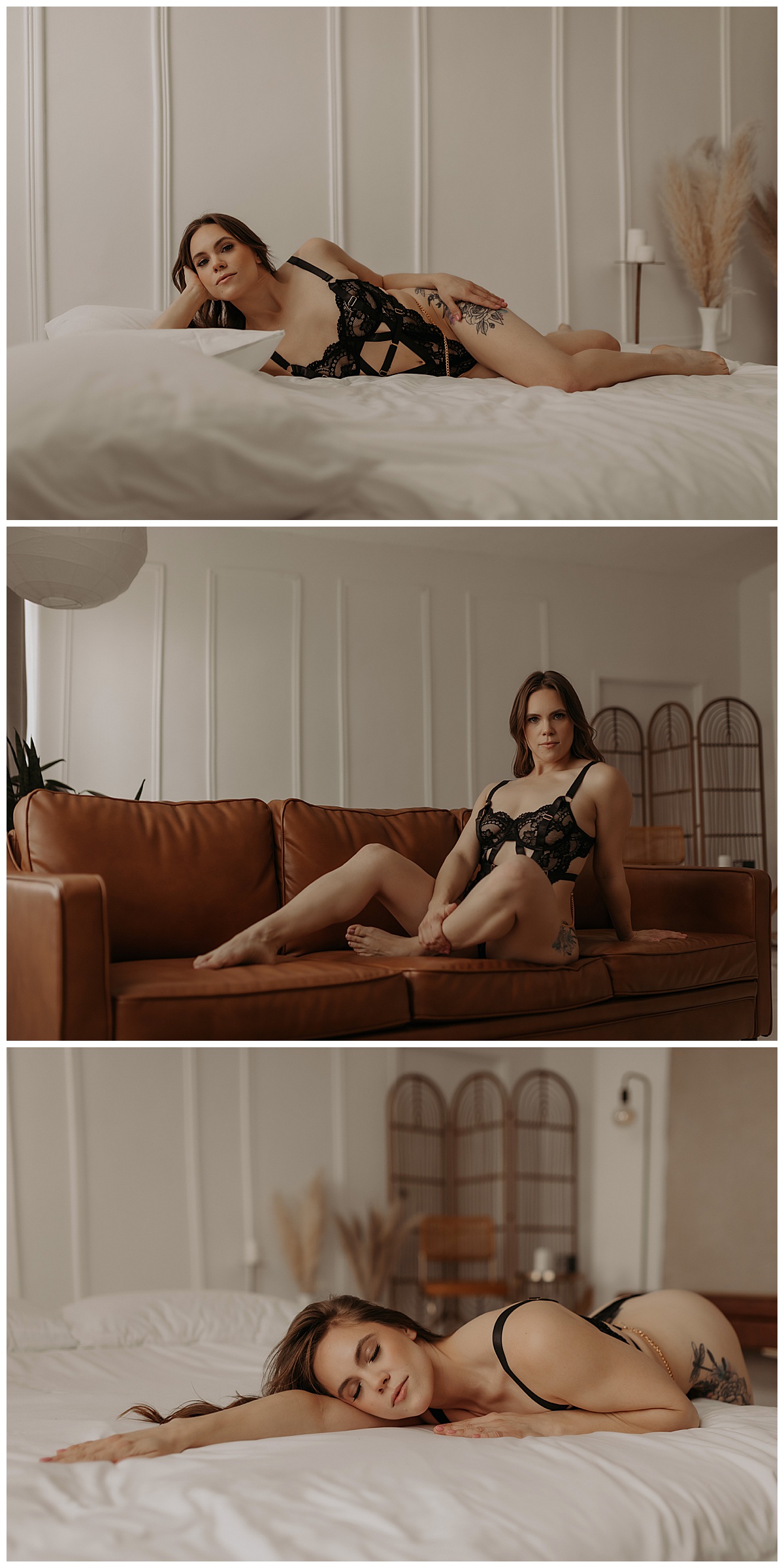 Girls sits on the couch wearing black lingerie after Choosing The Right Boudoir Photographer