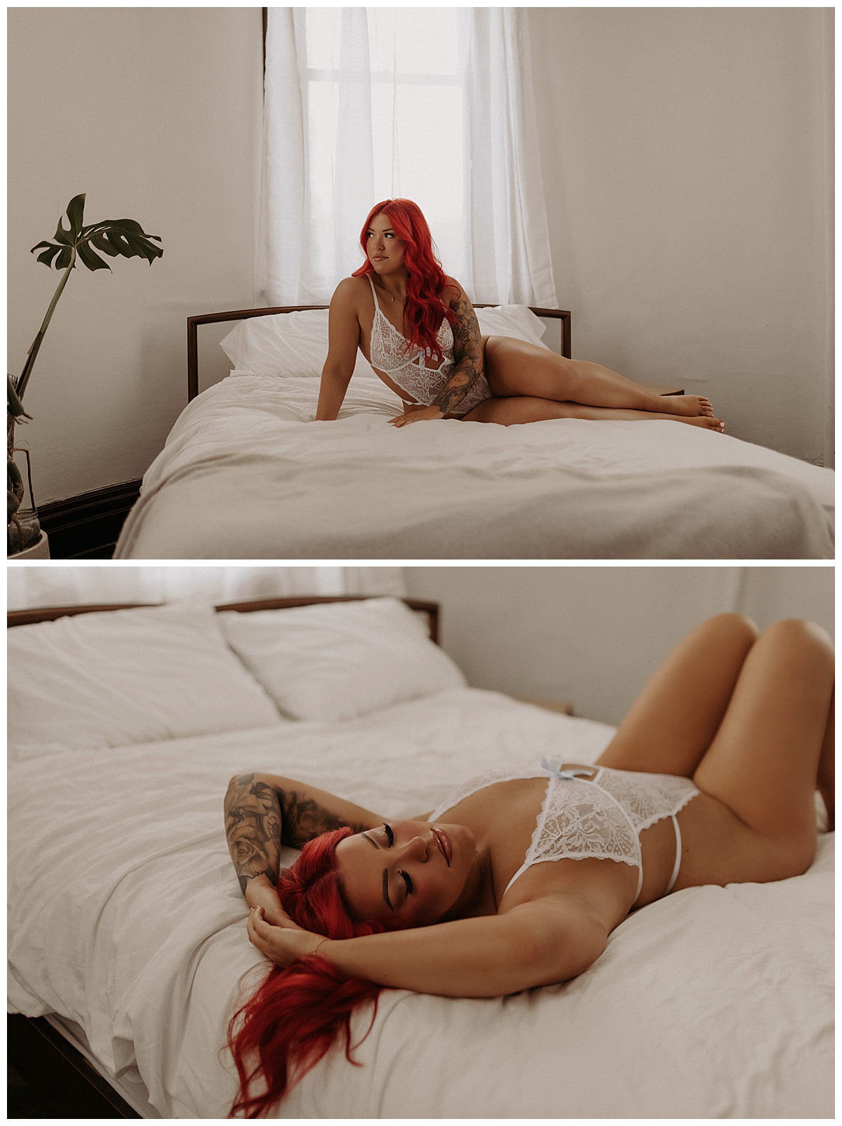 Woman lays on the bed wearing white lingerie as the perfect place To Take Your Boudoir Photos