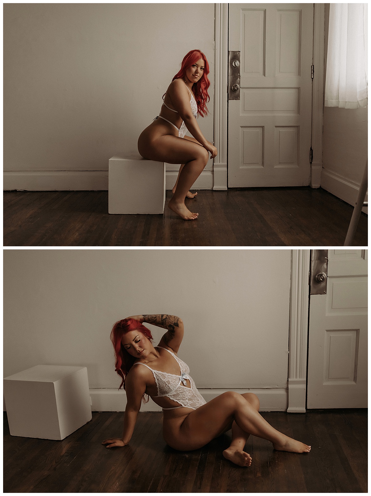 Girl sits on the the floor and on a stool wearing lingerie for Minneapolis Boudoir Photographer