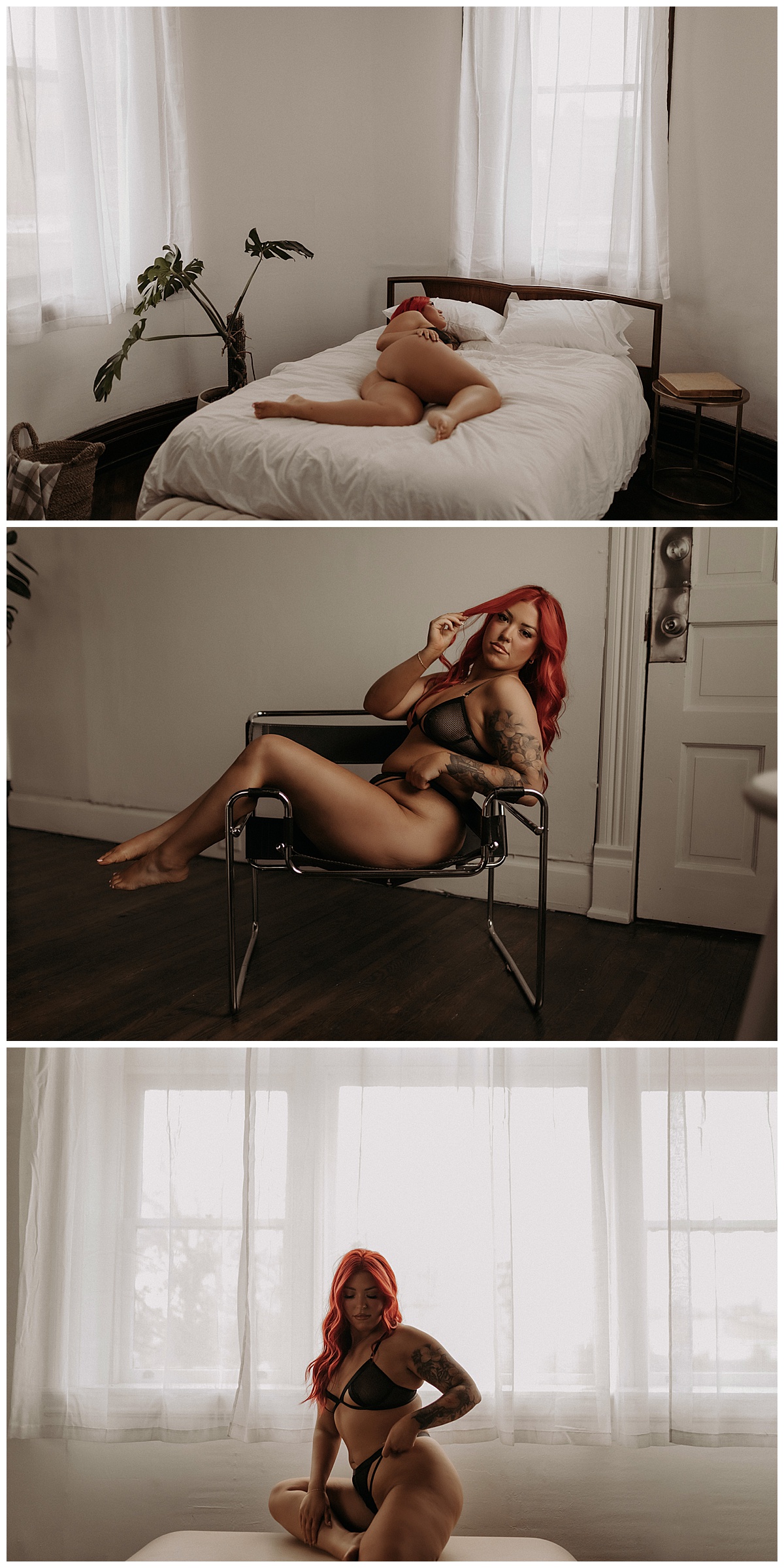 Girl sits on the bed and stool wearing in a studio showing the perfect place To Take Your Boudoir Photos