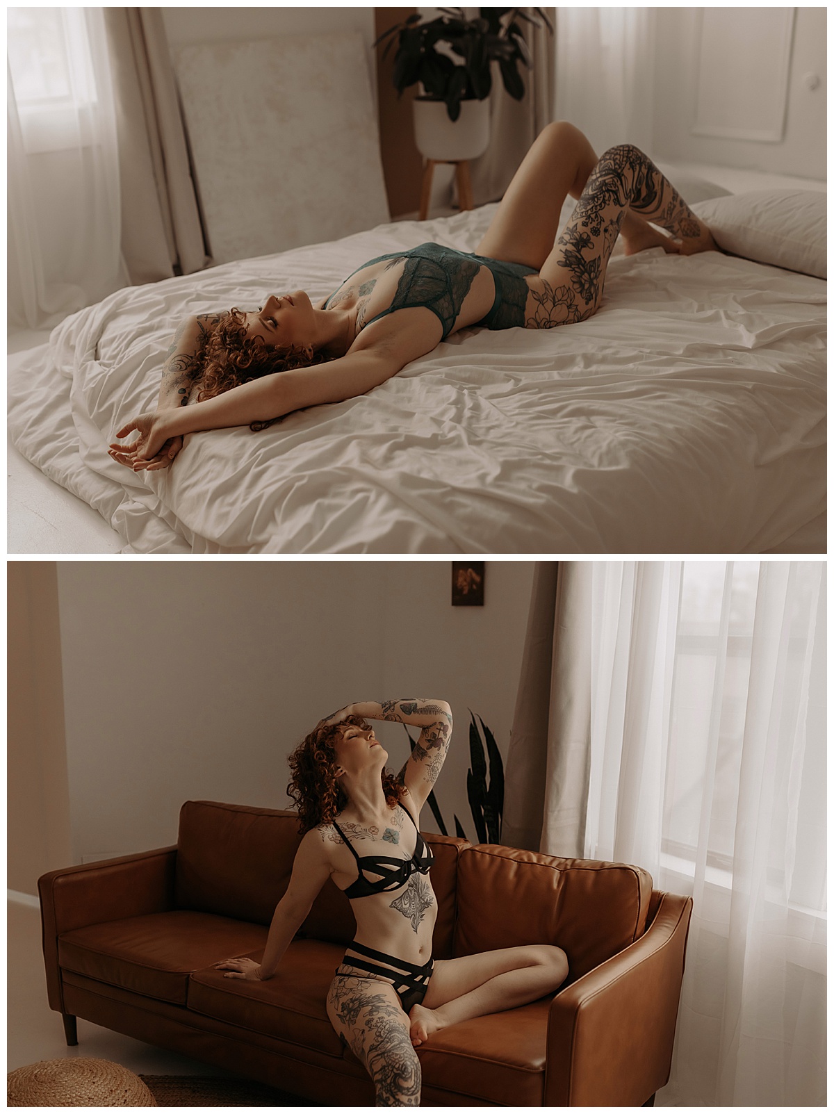 Person lays on the bed and on a couch for Minneapolis Boudoir Photographer