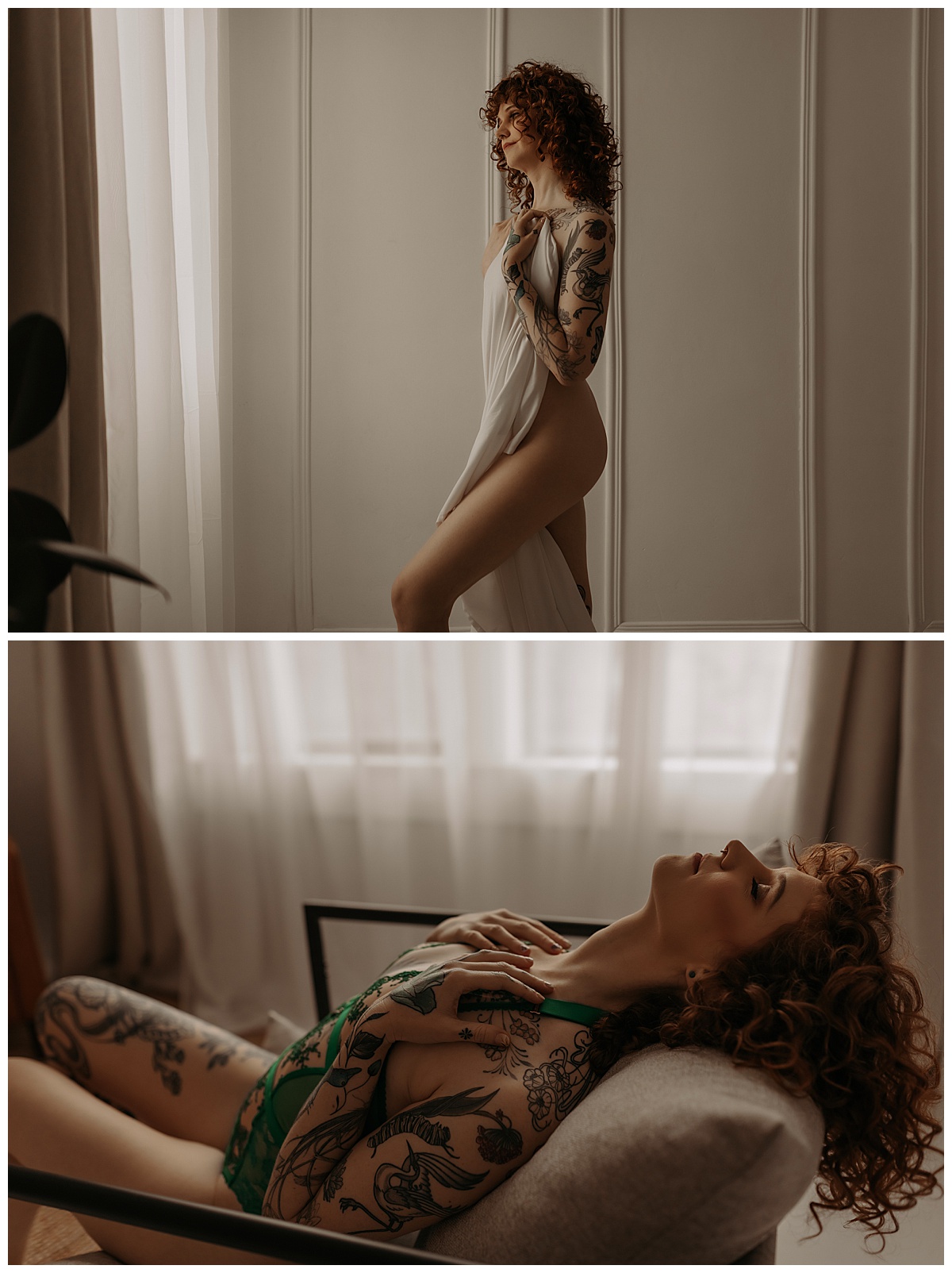 Woman wraps white sheet around her body and wears green lingerie for Minneapolis Boudoir Photographer