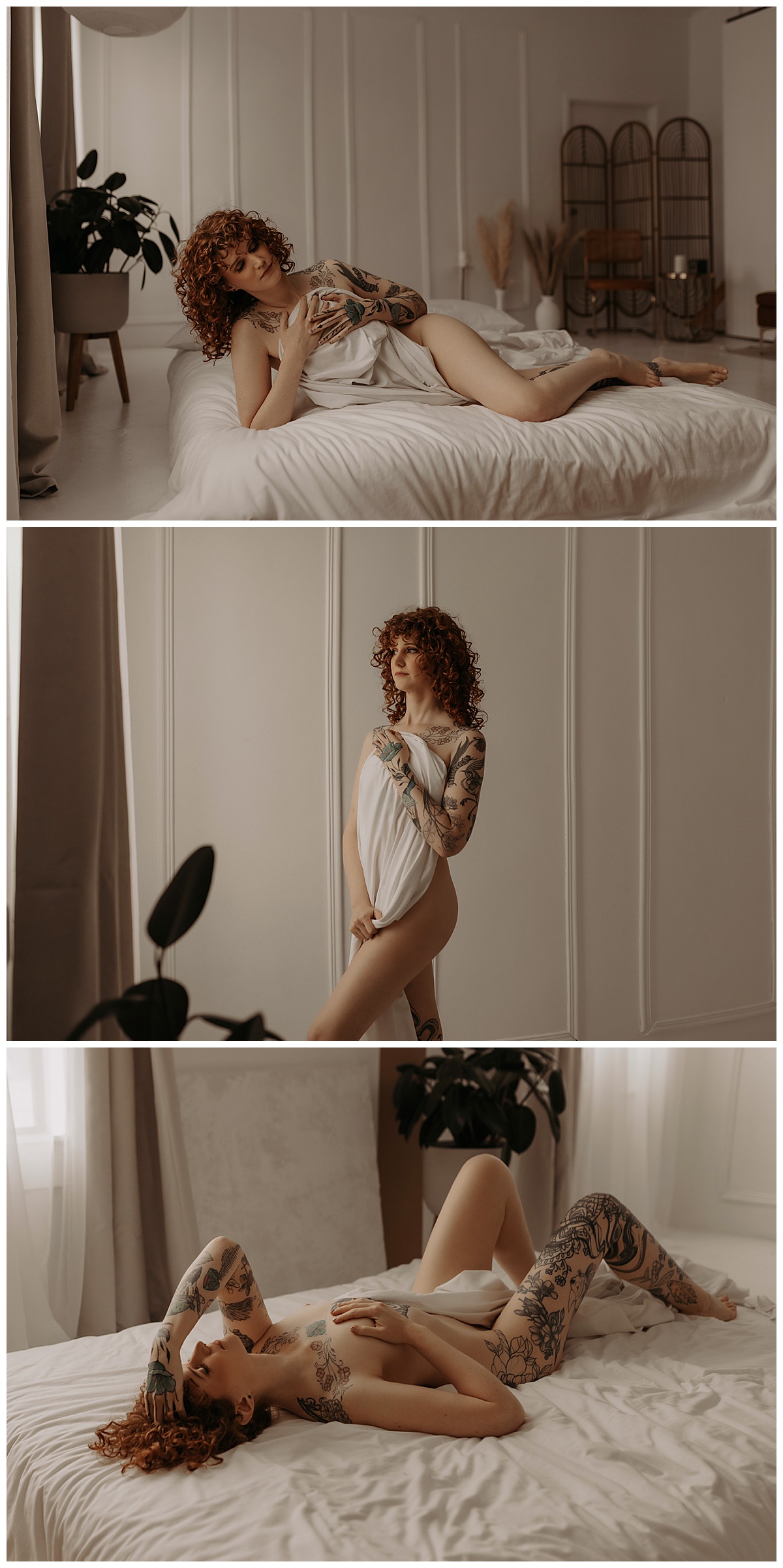 Adult covers her body with white sheet for Mary Castillo Photography