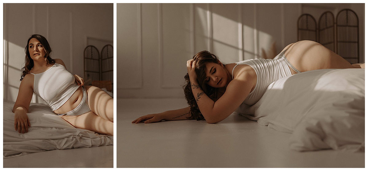 Person lays on the floor during her Cozy Boudoir Session