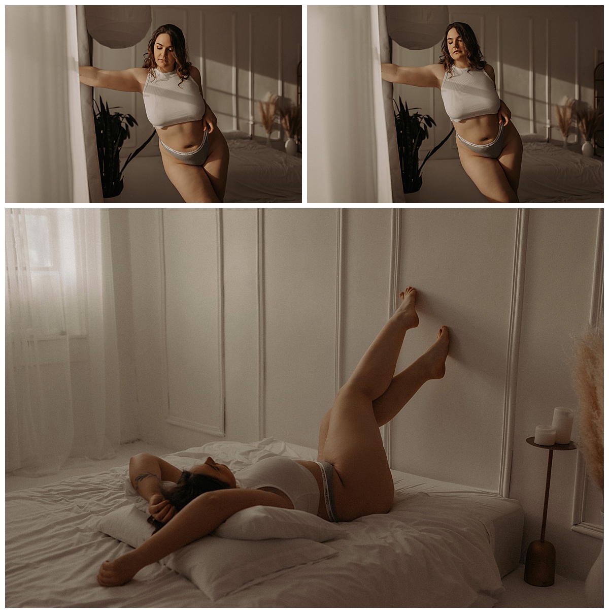 Adult leans against the wall and on the bed during her Cozy Boudoir Session