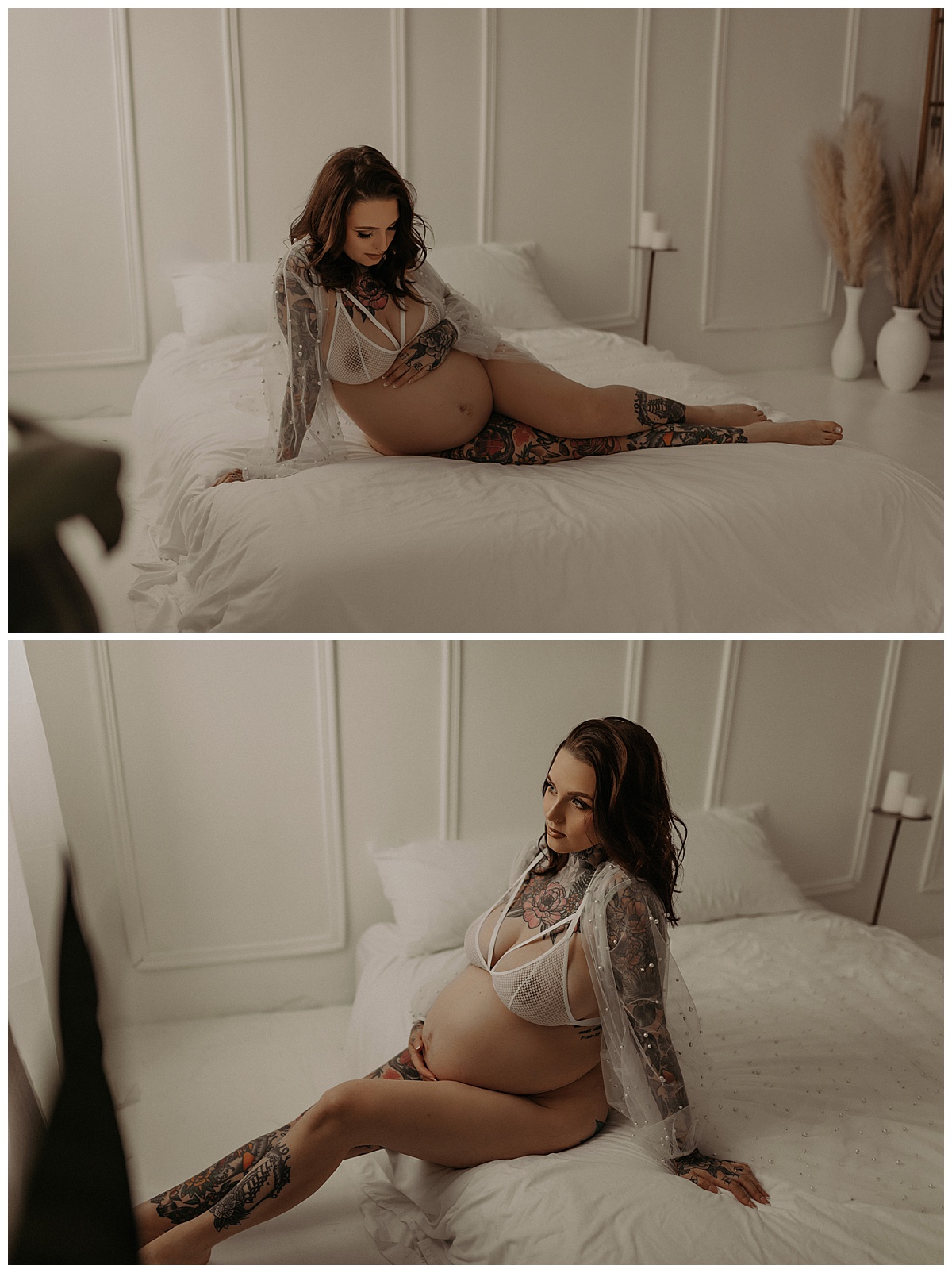 Mom sits on the bed wearing white lingerie for Mary Castillo Photography