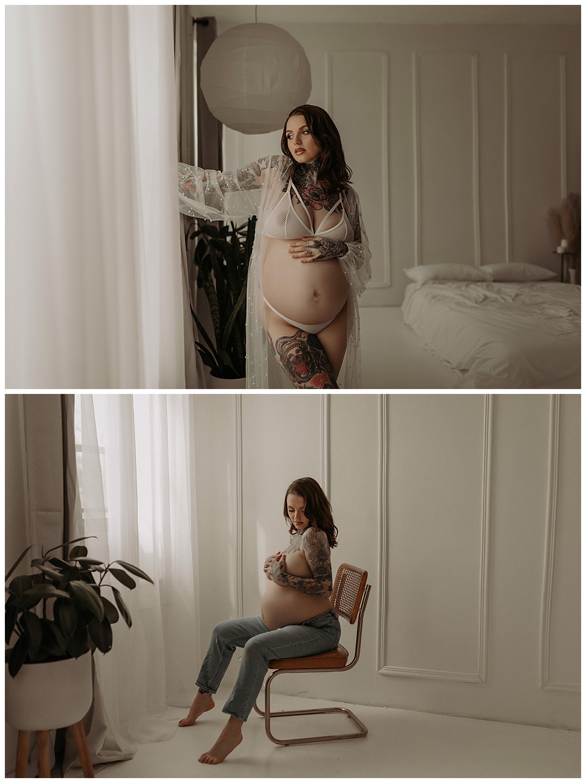 Woman holds her hand on pregnant belly during her Maternity Boudoir Session