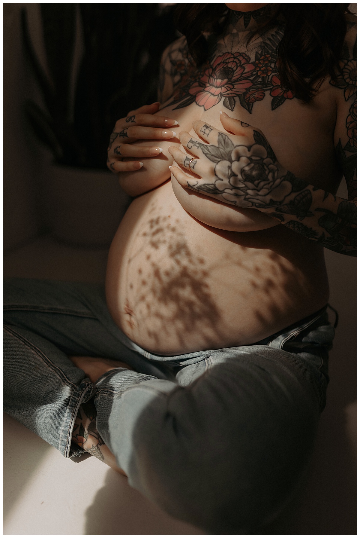 Mom covers her chest with her hands for Mary Castillo Photography
