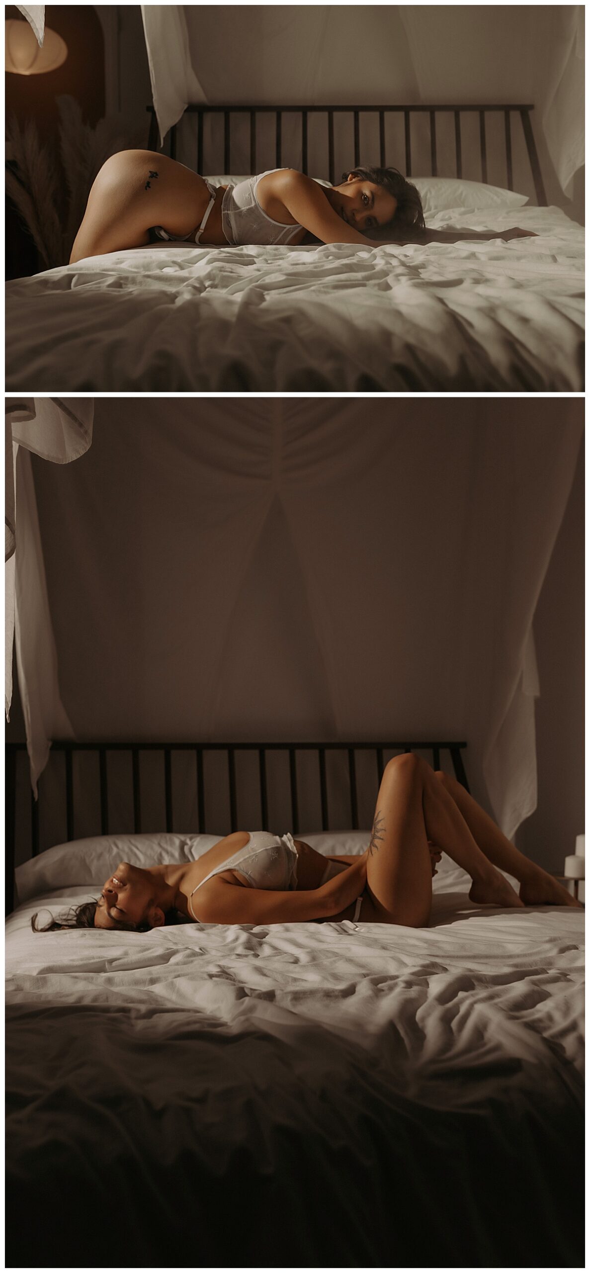 Female lays on the bed wearing a more Casual, Everyday Look for her boudoir session