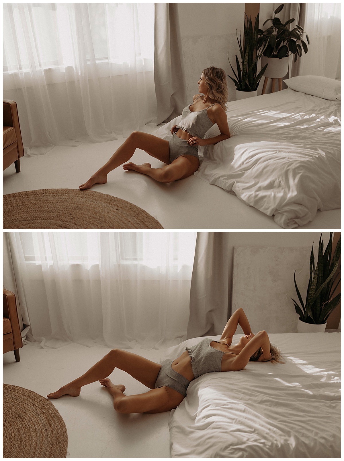 Adult leans against bed for Minneapolis Boudoir Photographer