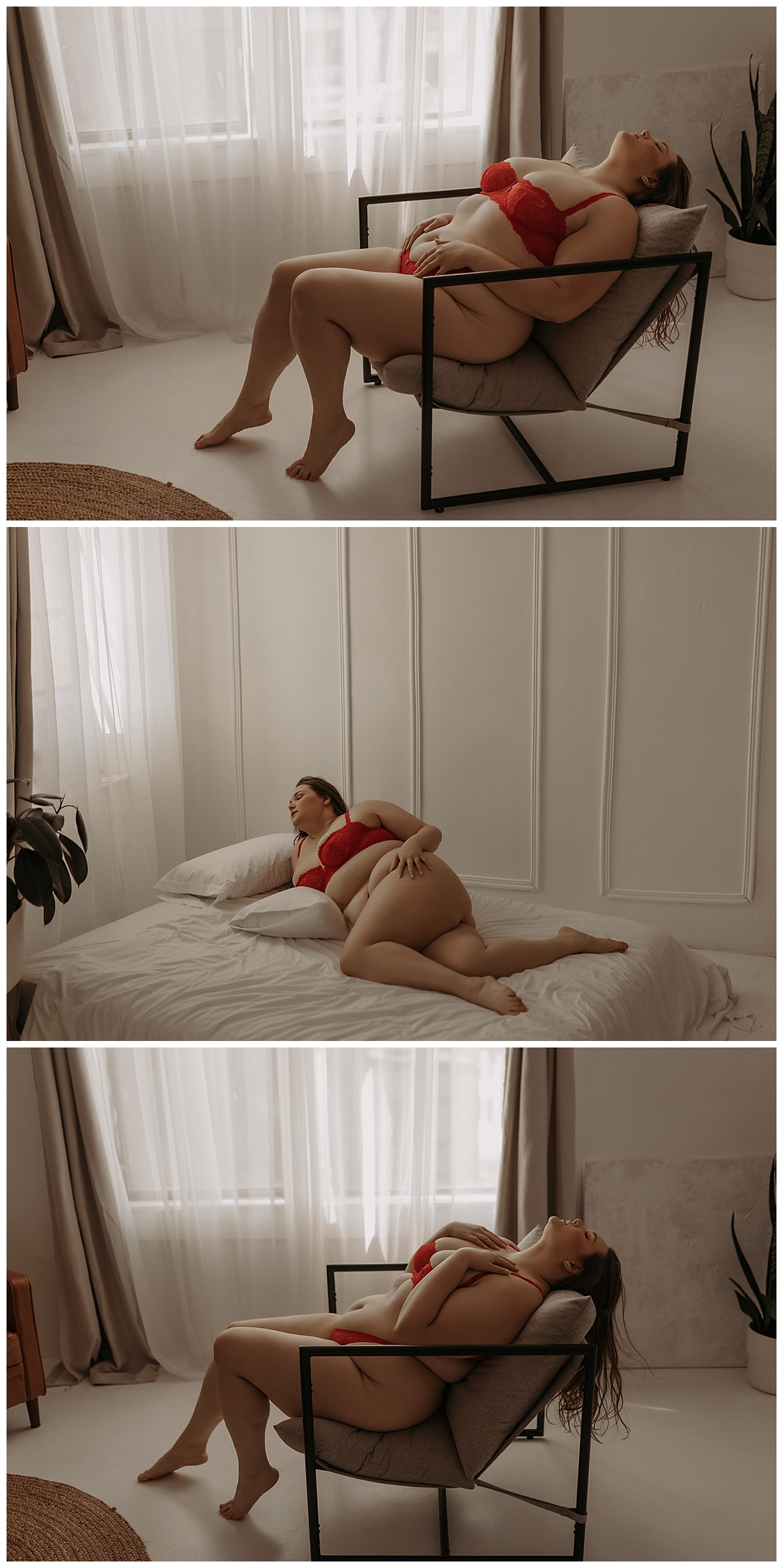 Adult leans in a chair and across the bed for Mary Castillo Photography