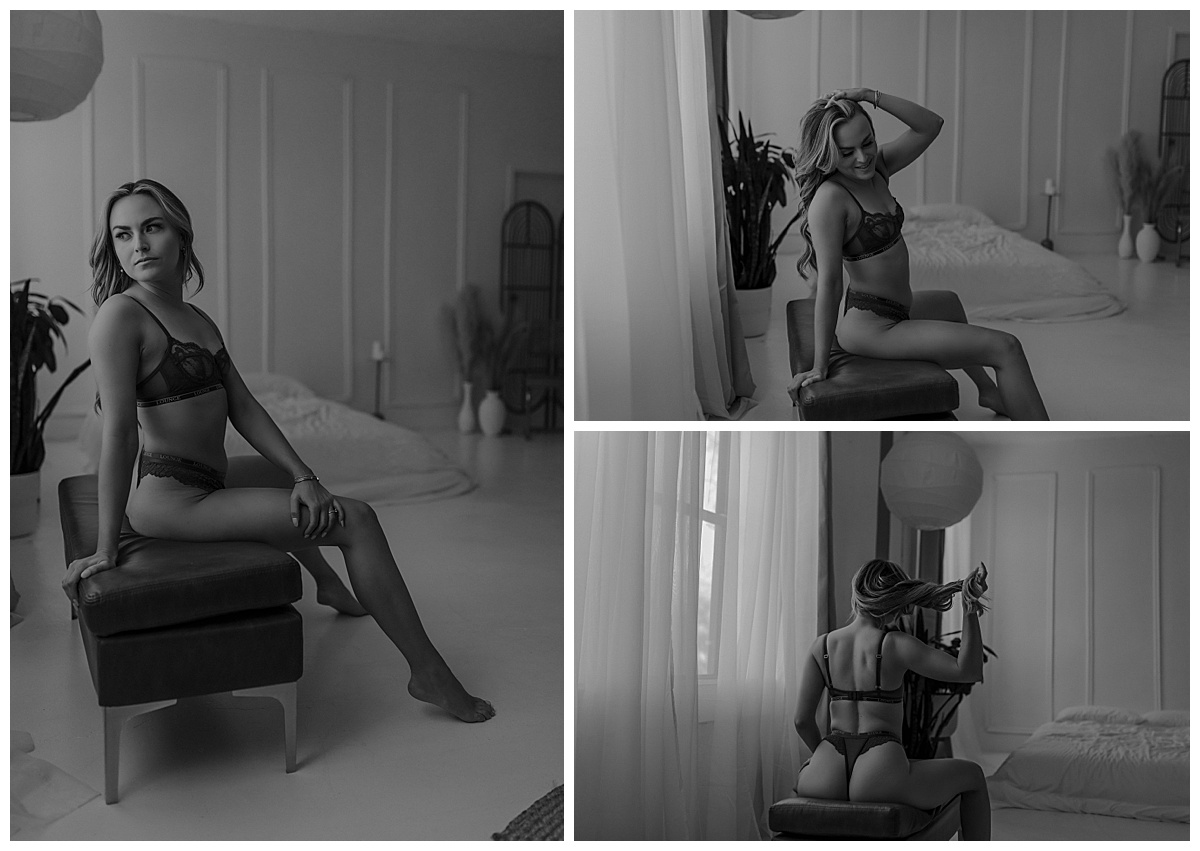 Adult wears lingerie while sitting on a chair for Minneapolis Boudoir Photographer