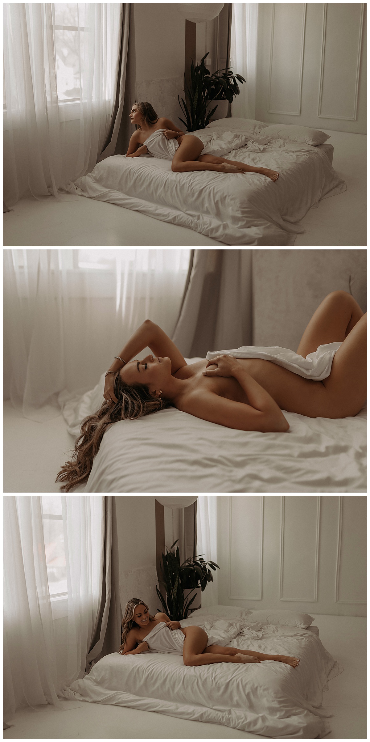 Female covers her body with white sheets for Minneapolis Boudoir Photographer