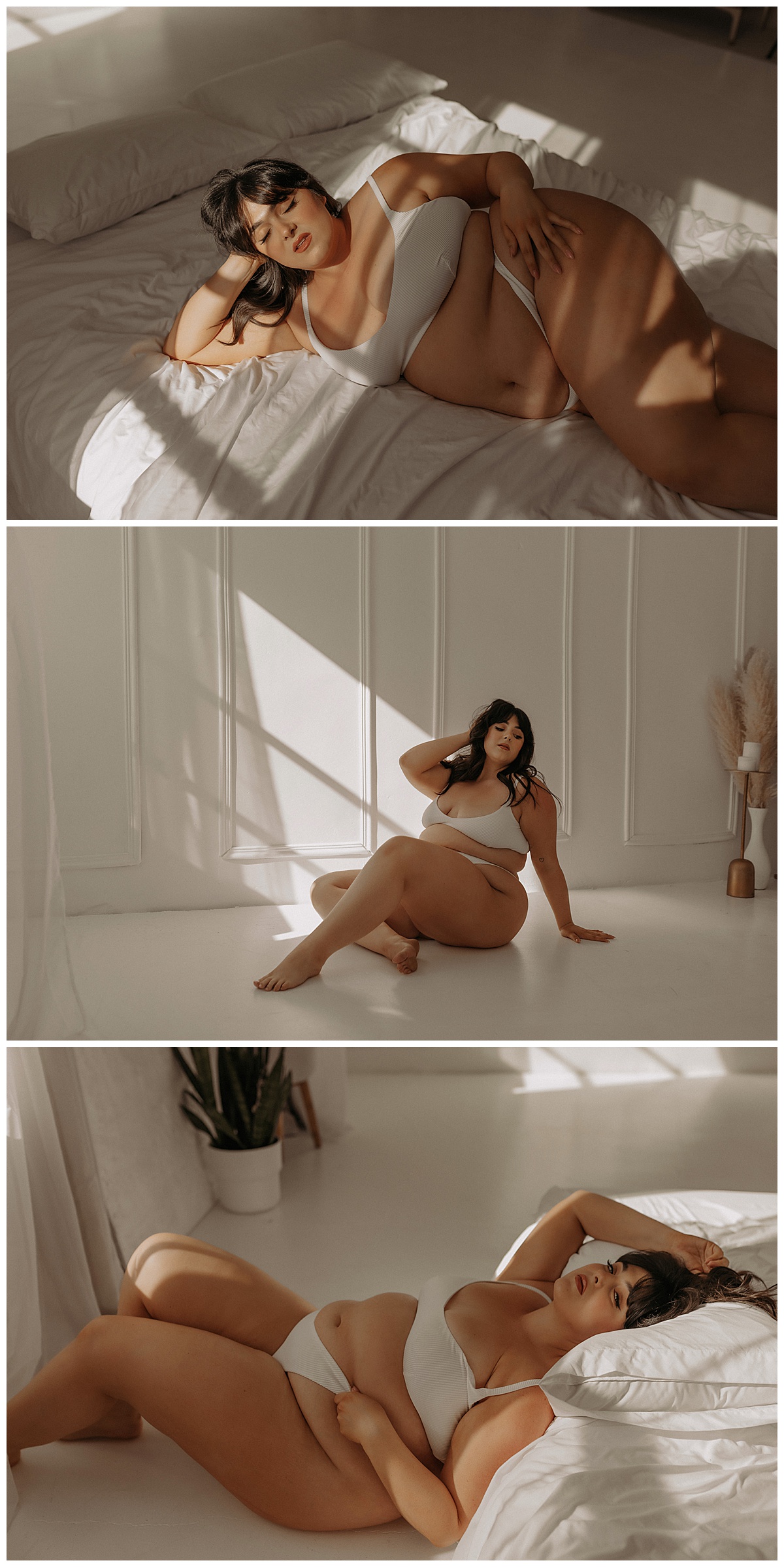 Woman lays and sits on the floor during her Golden Hour Boudoir Session
