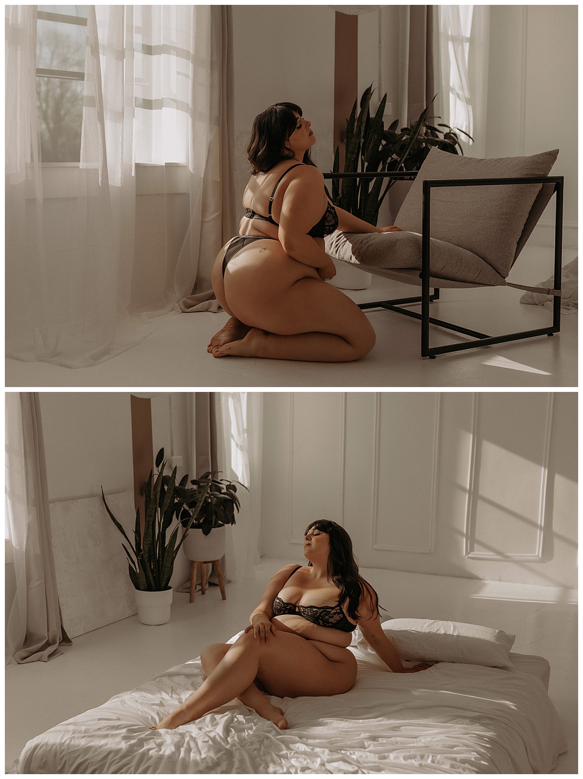 Woman sits down on the floor during her Golden Hour Boudoir Session