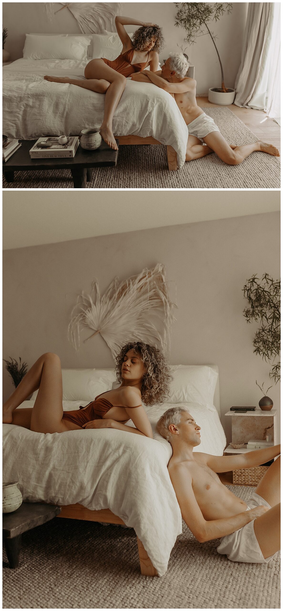 Man and woman sit near bed together for a Couples Boudoir Session 