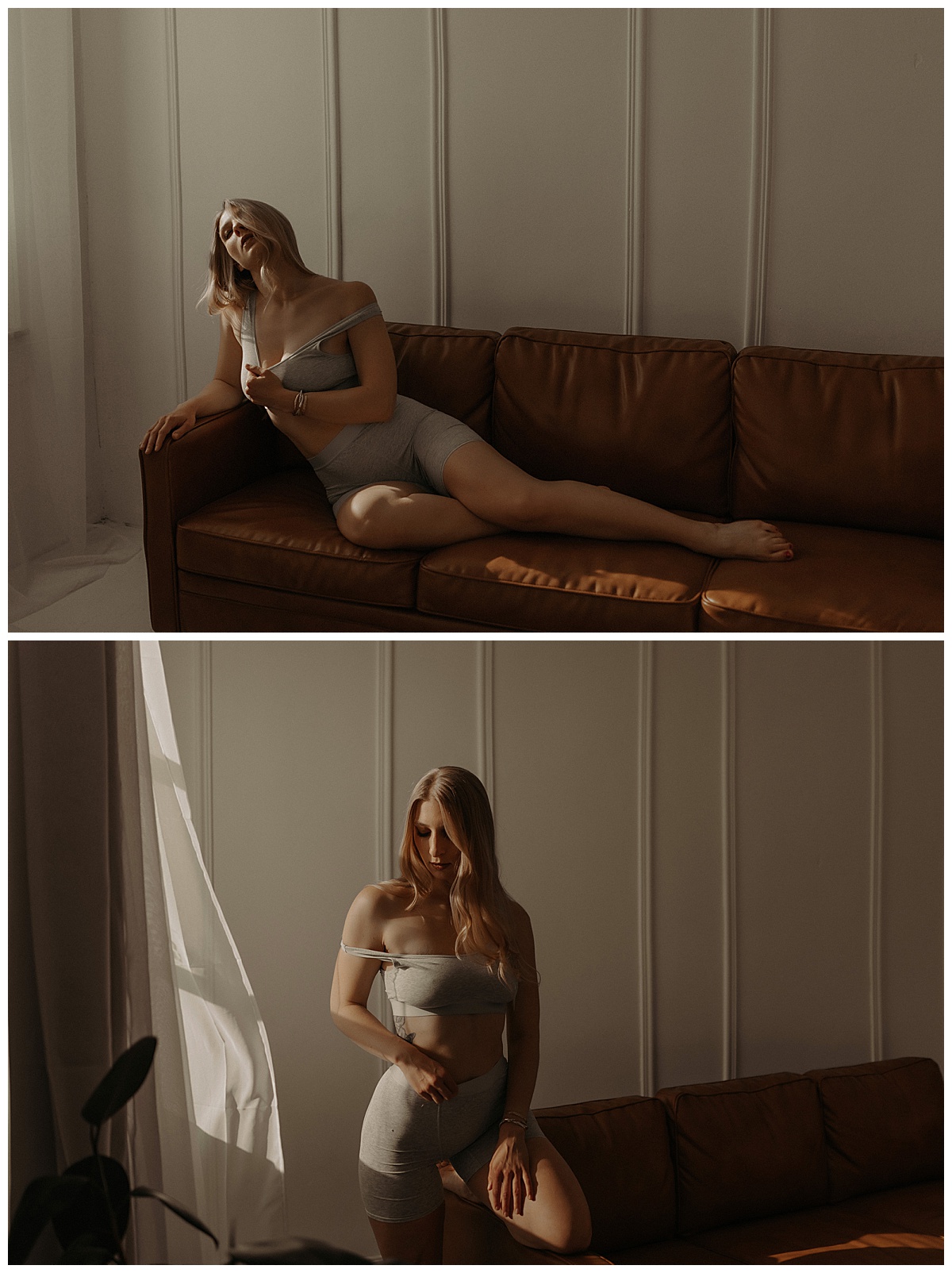 Woman wears grey lingerie set for Mary Castillo Photography