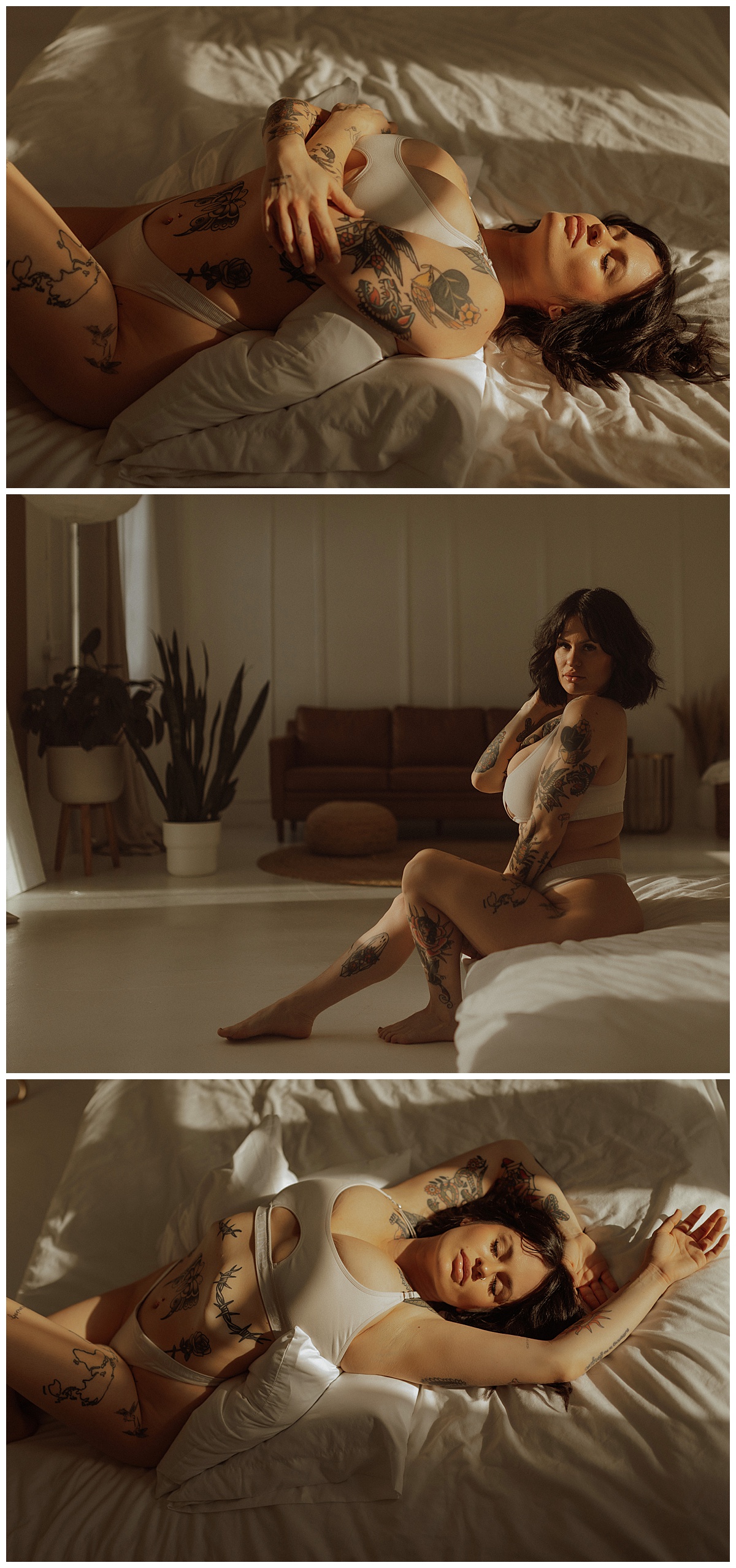 Woman sits on the bed wearing lingerie for Mary Castillo Photography