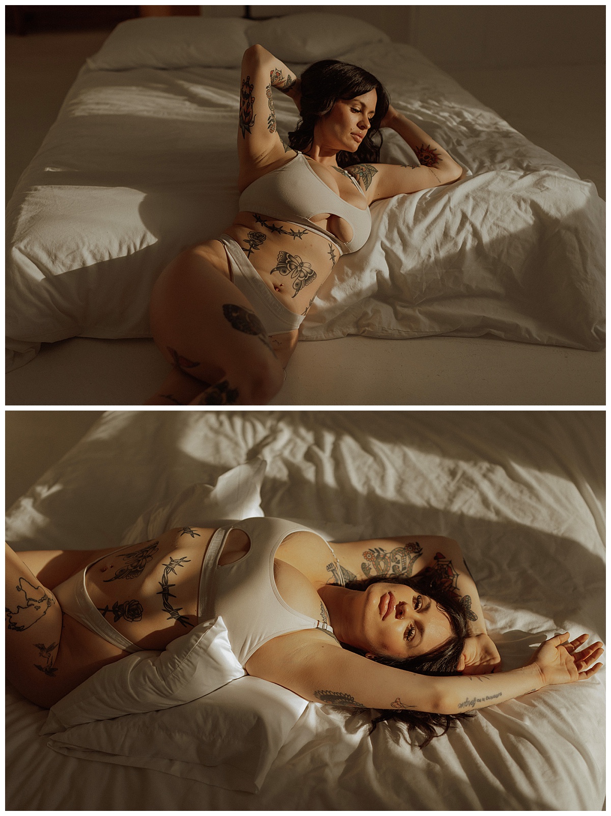 Female wears white lingerie after following What To Expect During Your Boudoir Session