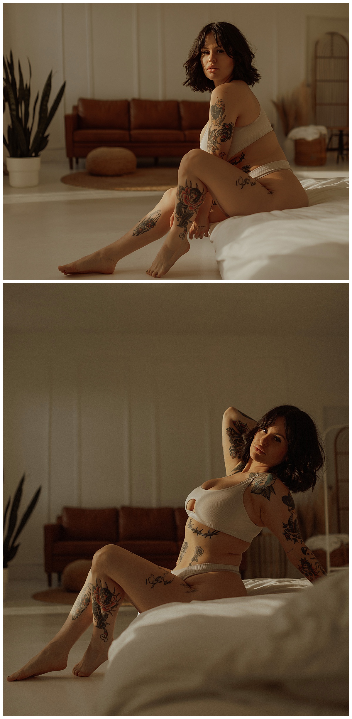 Woman wears white lingerie and sits on the edge of the bed for Mary Castillo Photography