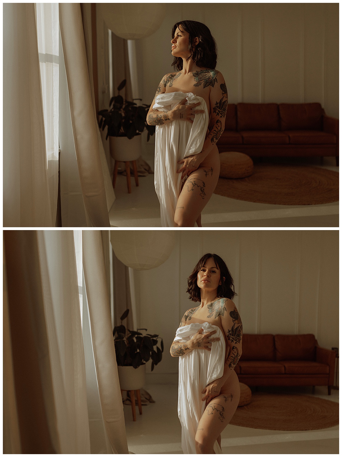 Female covers her chest with white sheet for Mary Castillo Photography