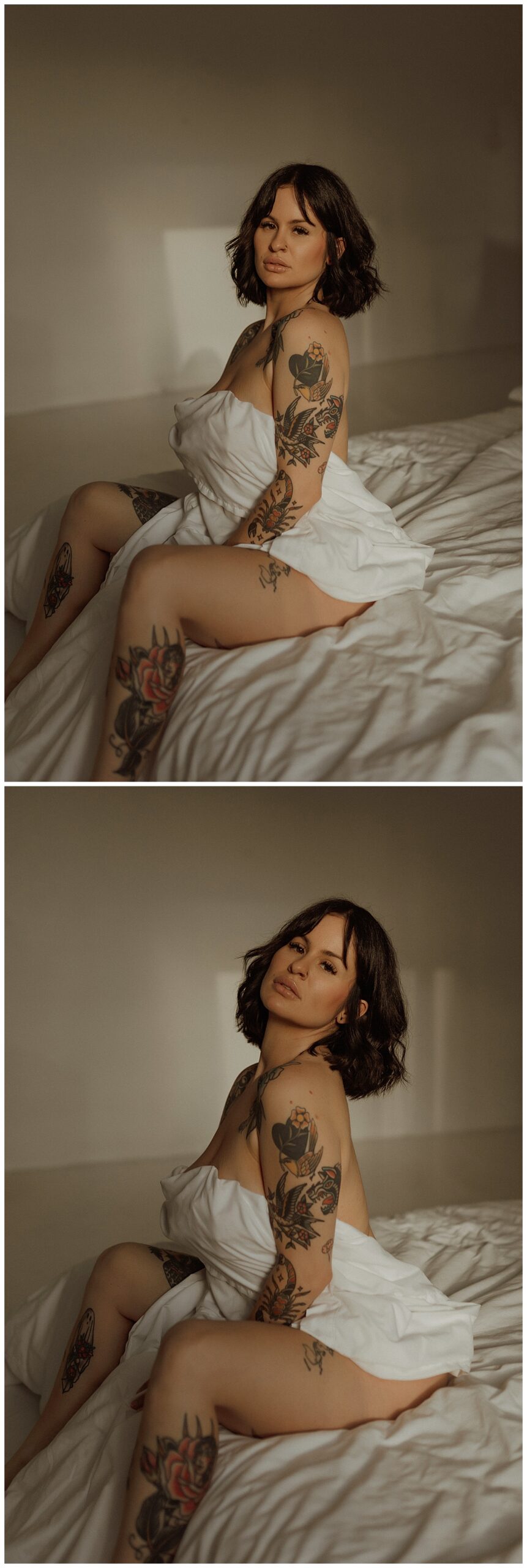 Adult covers her body with a white sheet for Minneapolis Boudoir Photographer