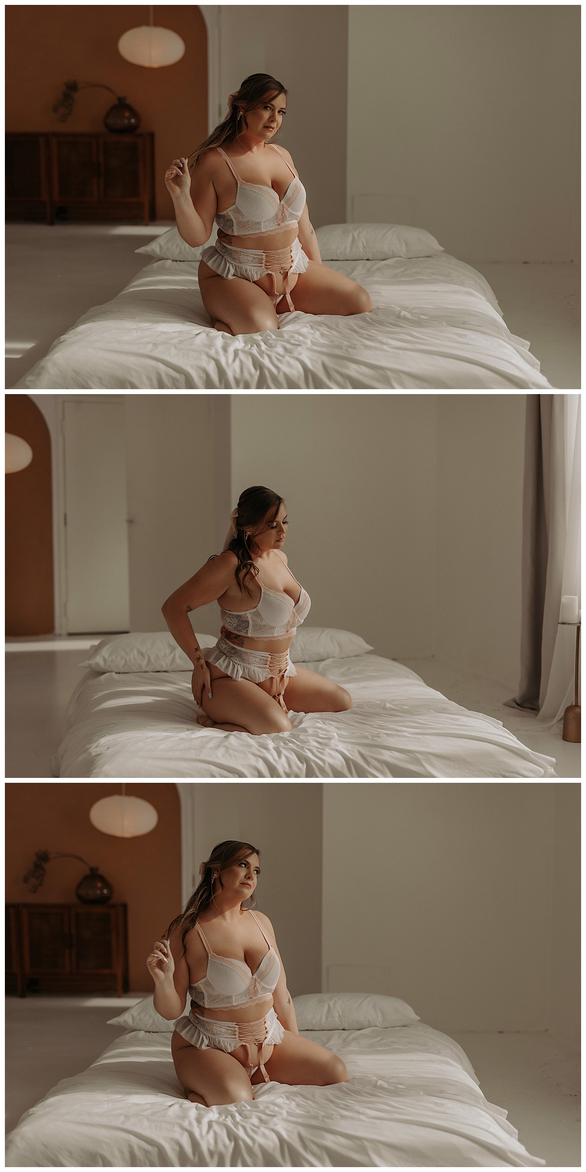 Adult kneels on the bed wearing lingerie for Minneapolis Boudoir Photographer