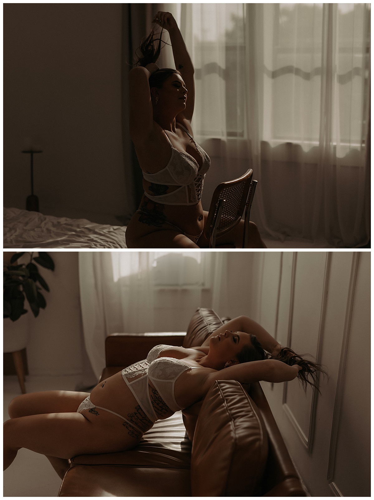 Girl wears white lingerie for Mary Castillo Photography