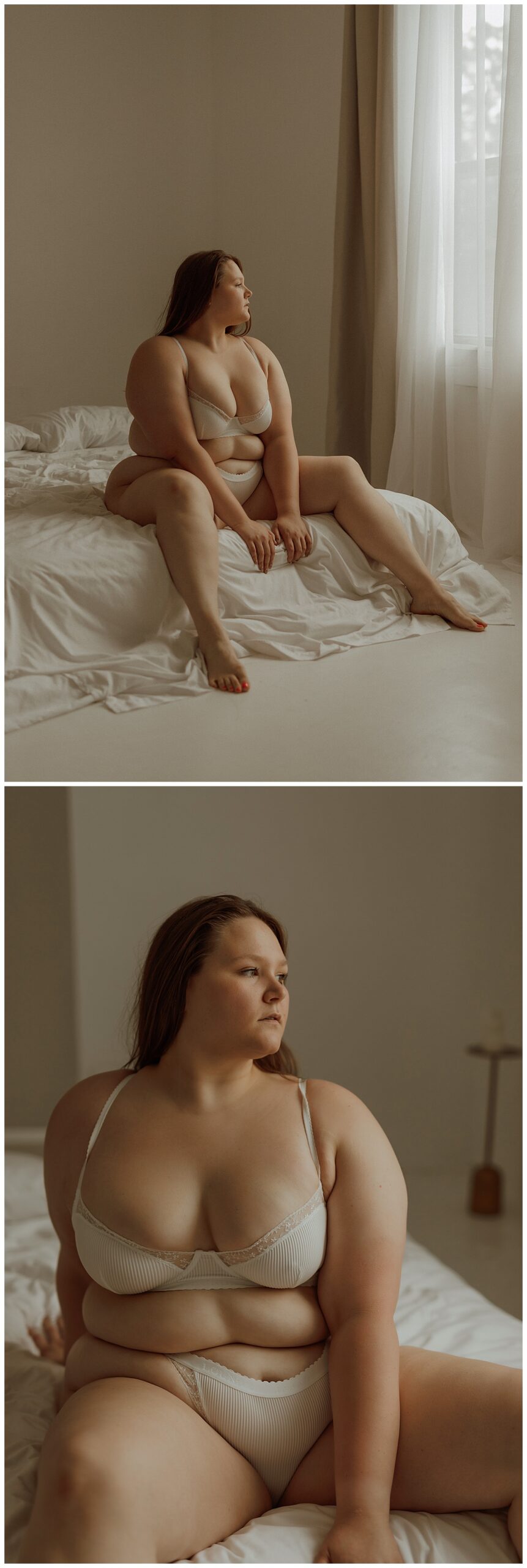 Female sits on the edge of the bed wearing lingerie for Mary Castillo Photography