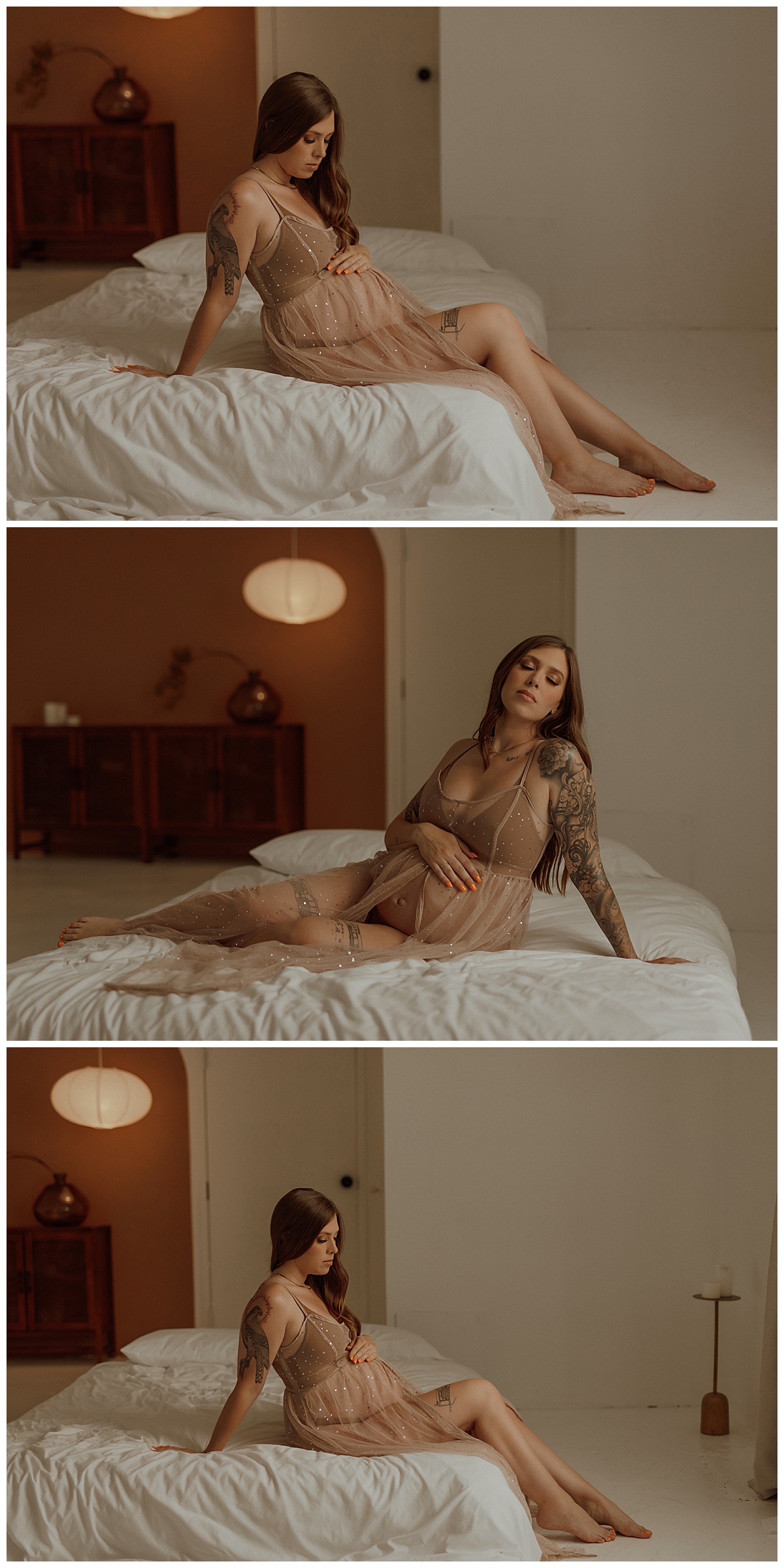 Adult sits on the bed wearing lingerie for Mary Castillo Photography