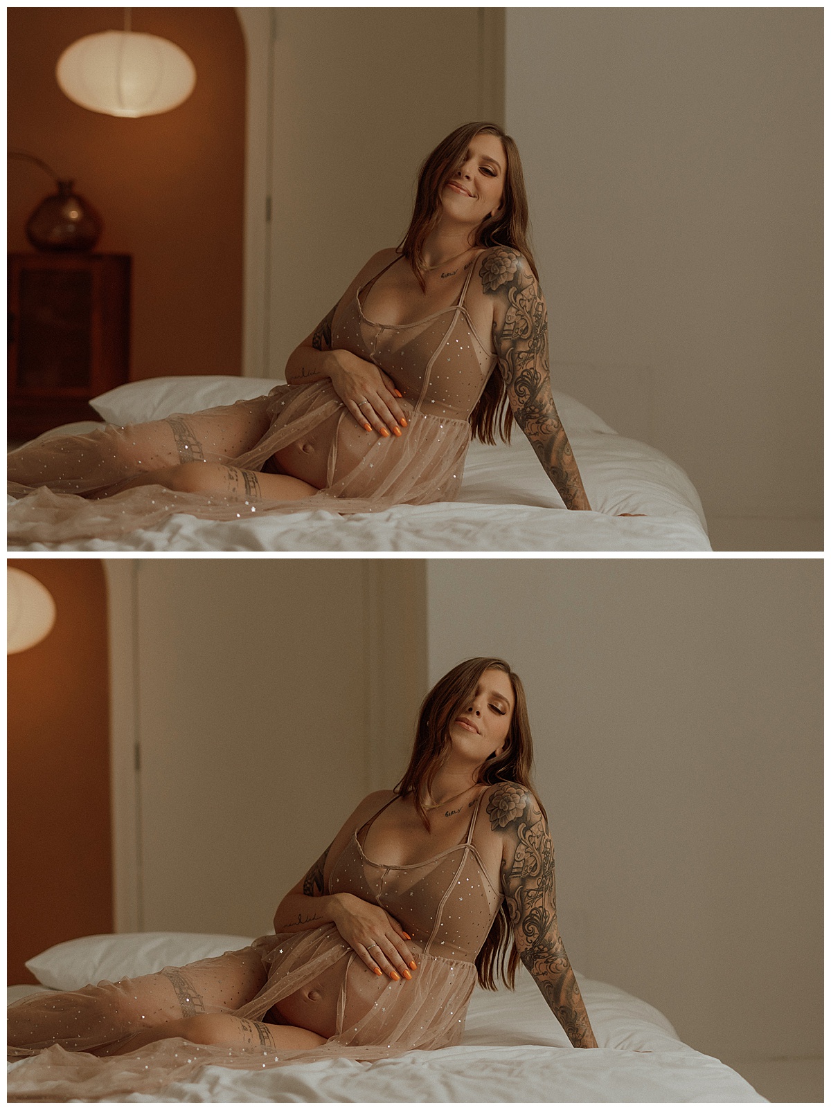 Female leans over on the bed for Mary Castillo Photography