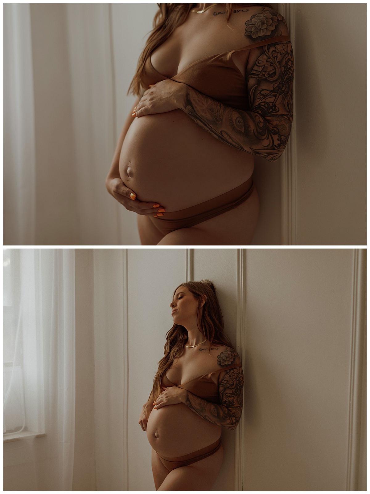 Woman embraces baby bump for Minneapolis Boudoir Photographer