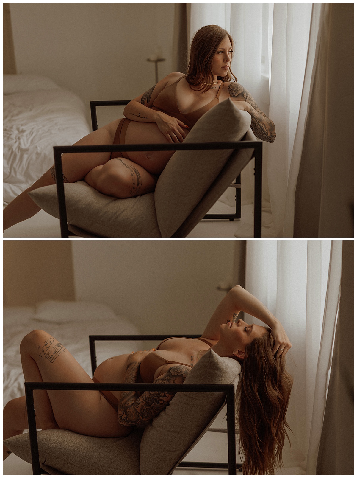 Woman lays over the chair showing What to Wear for Your Maternity Boudoir Photos