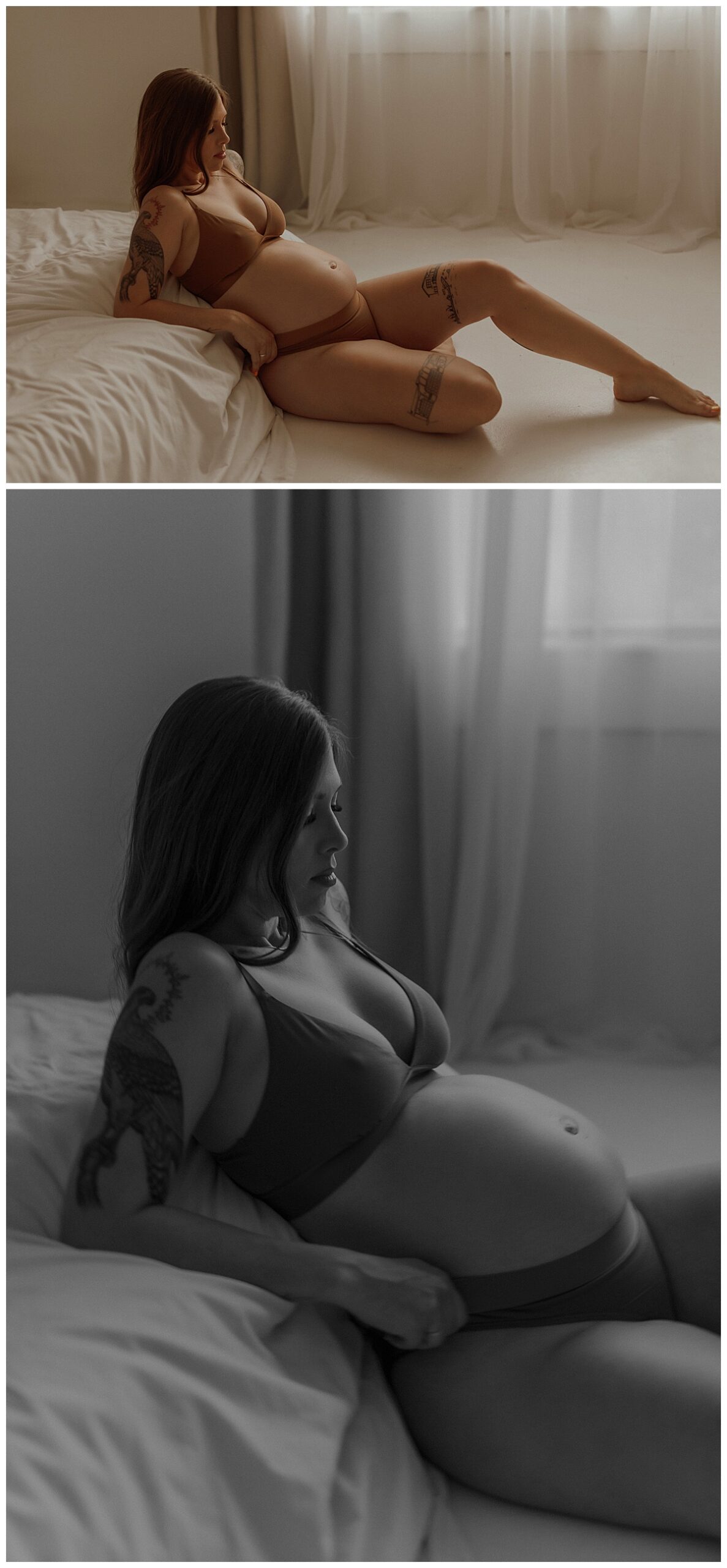 Woman leans against the bed for Mary Castillo Photography