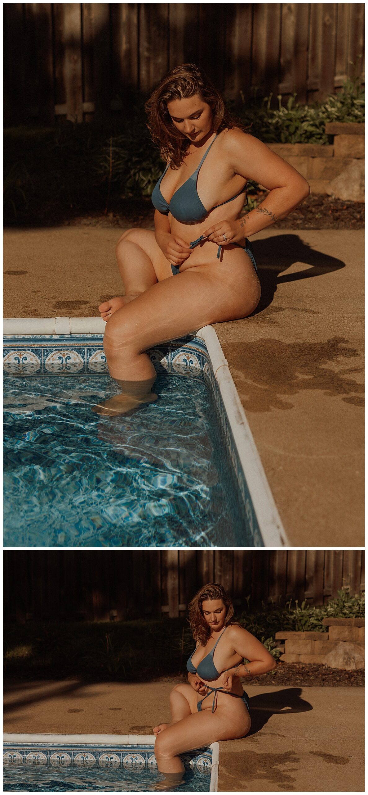 Woman sits on the edge of the pool wearing blue swimsuit for Minneapolis Boudoir Photographer