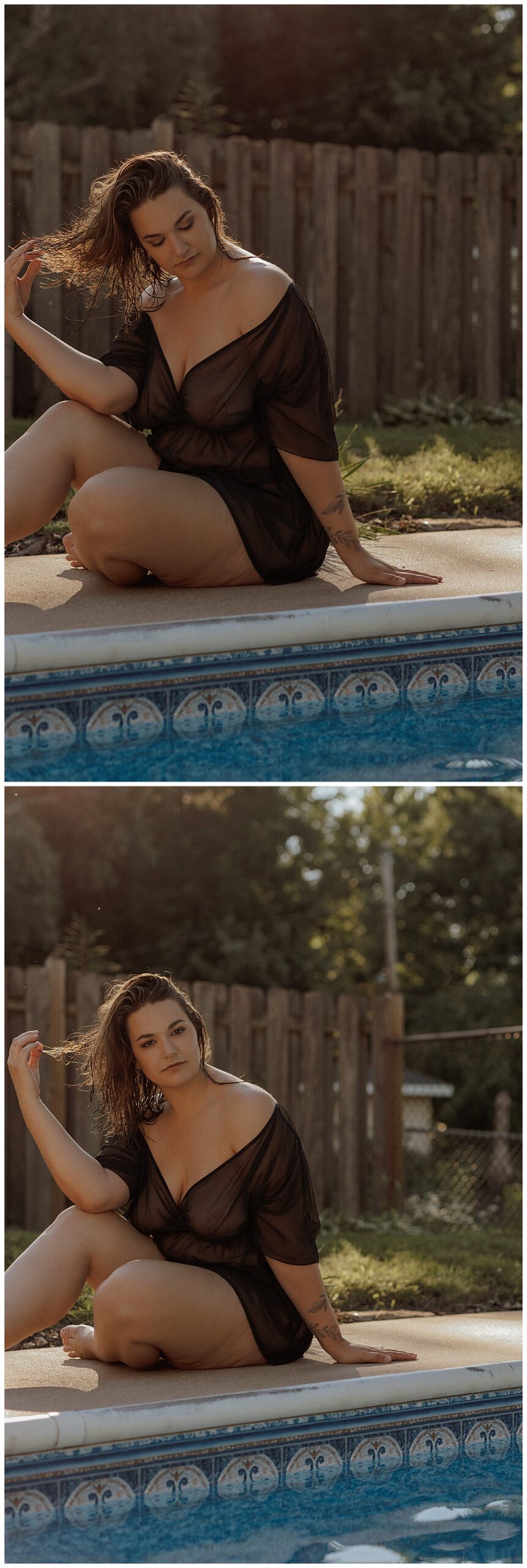 Adult wears swimsuit coverup during her boudoir Pool Session