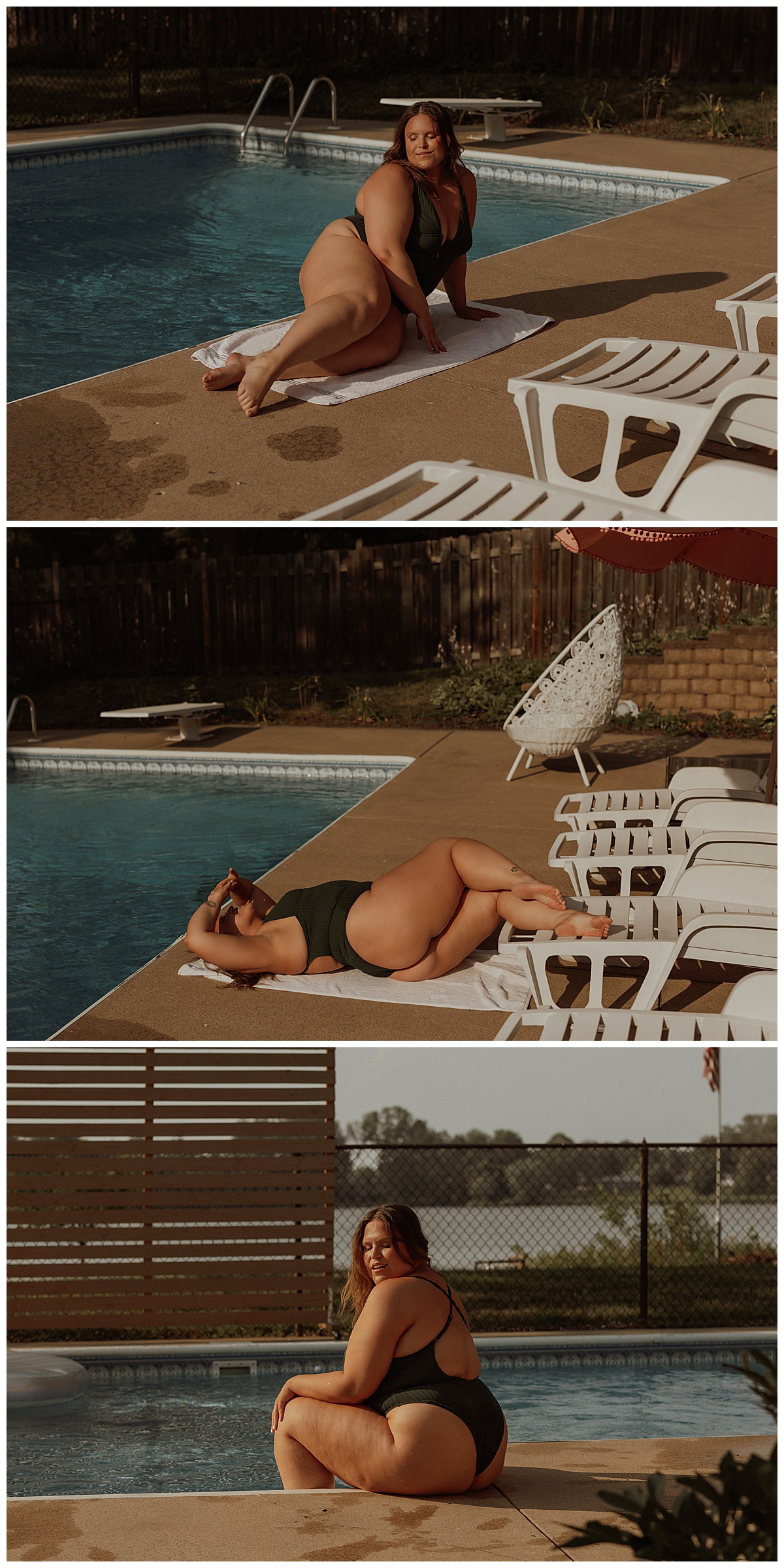 Adult sits on outside of the pool wearing a black bathing suit by Mary Castillo Photography