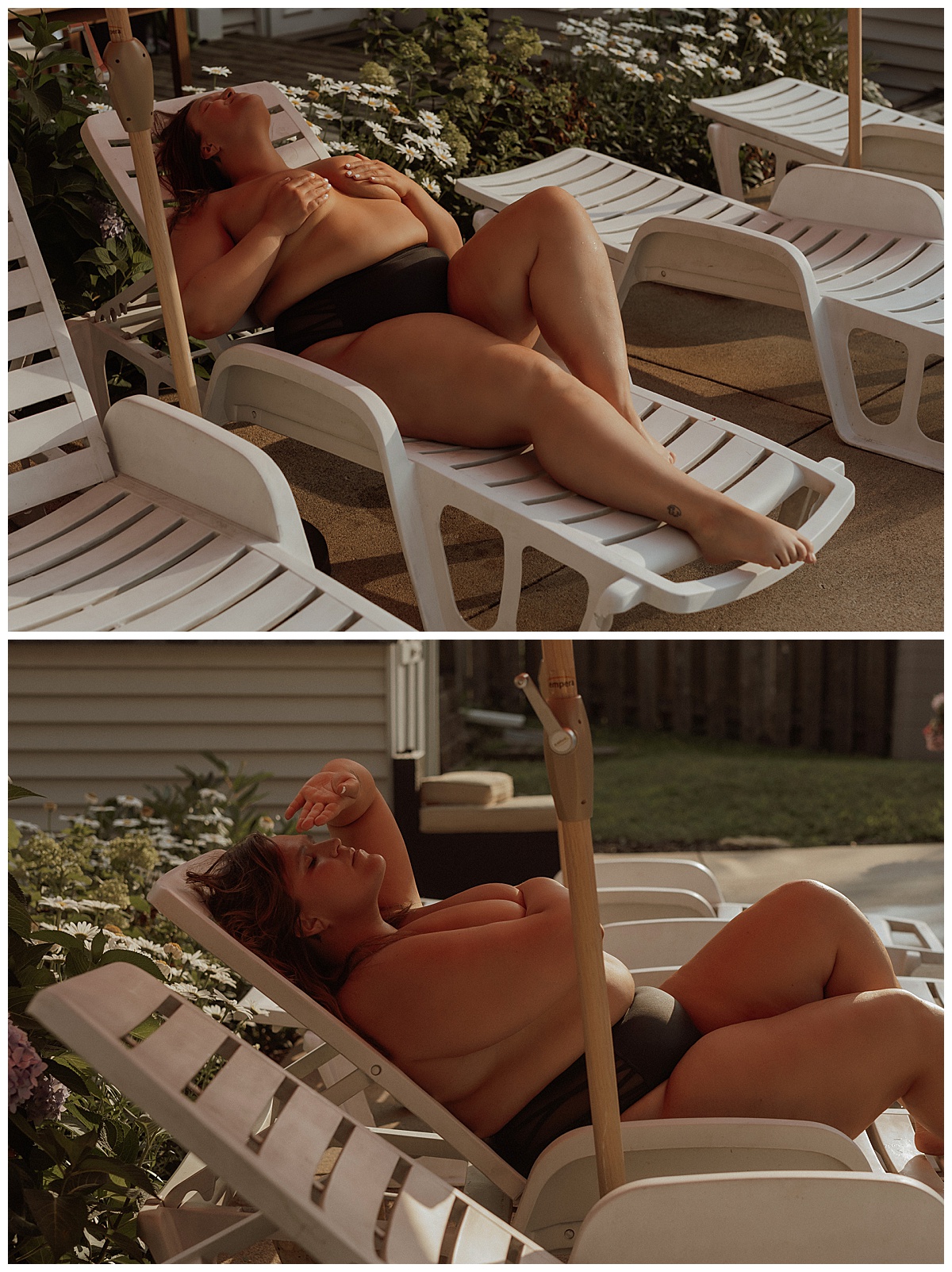 Woman lays on a pool lounge chair after following What to Wear for Your Pool Session 