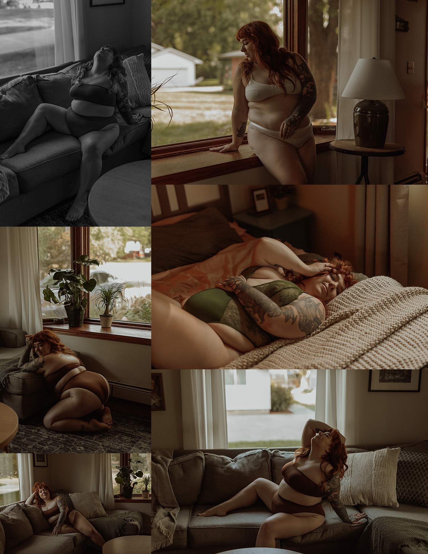 Curvy redhead woman lies on couch by Minneapolis boudoir photographer 