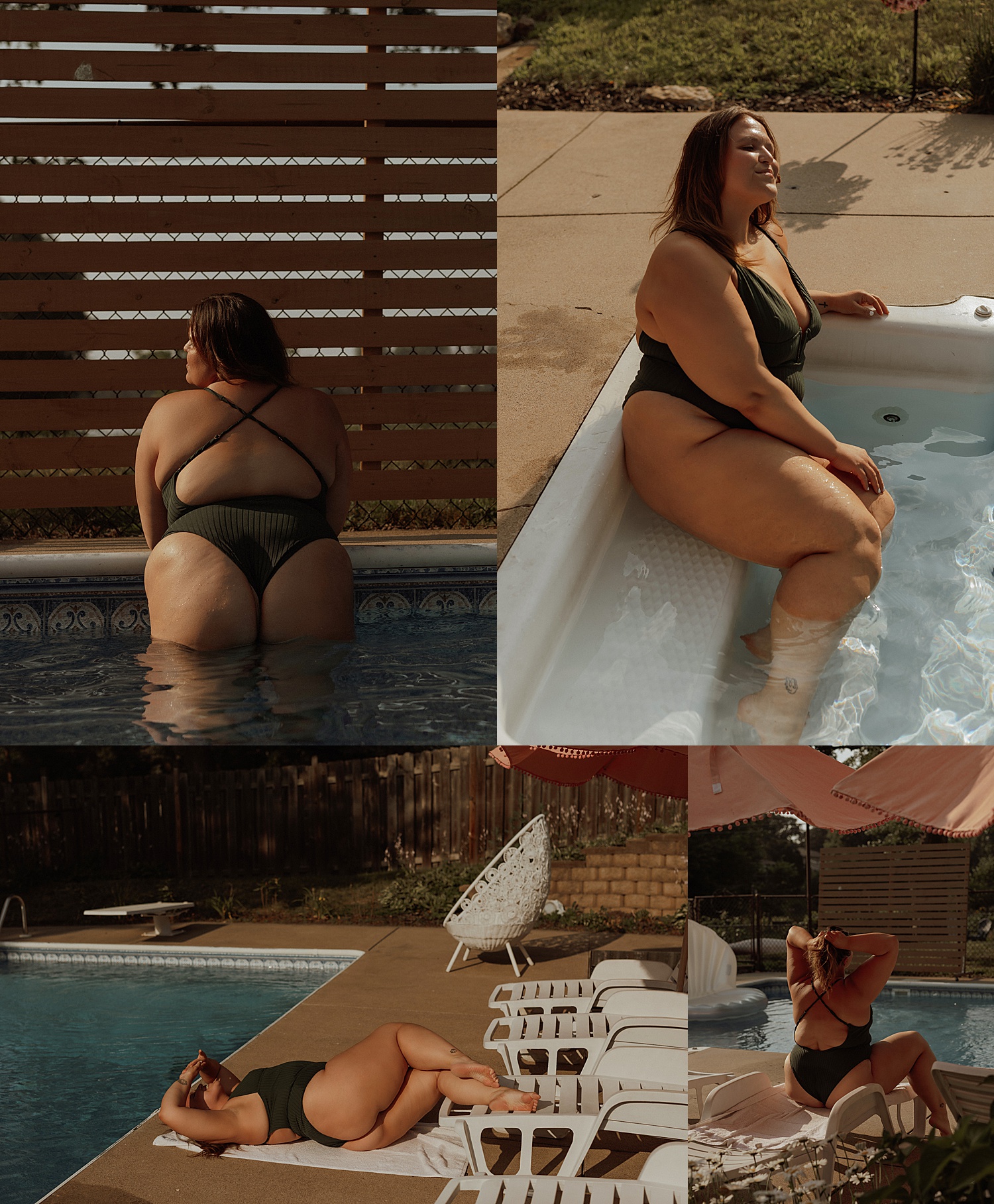 woman with curves sits in pool for creative session in Minnesota