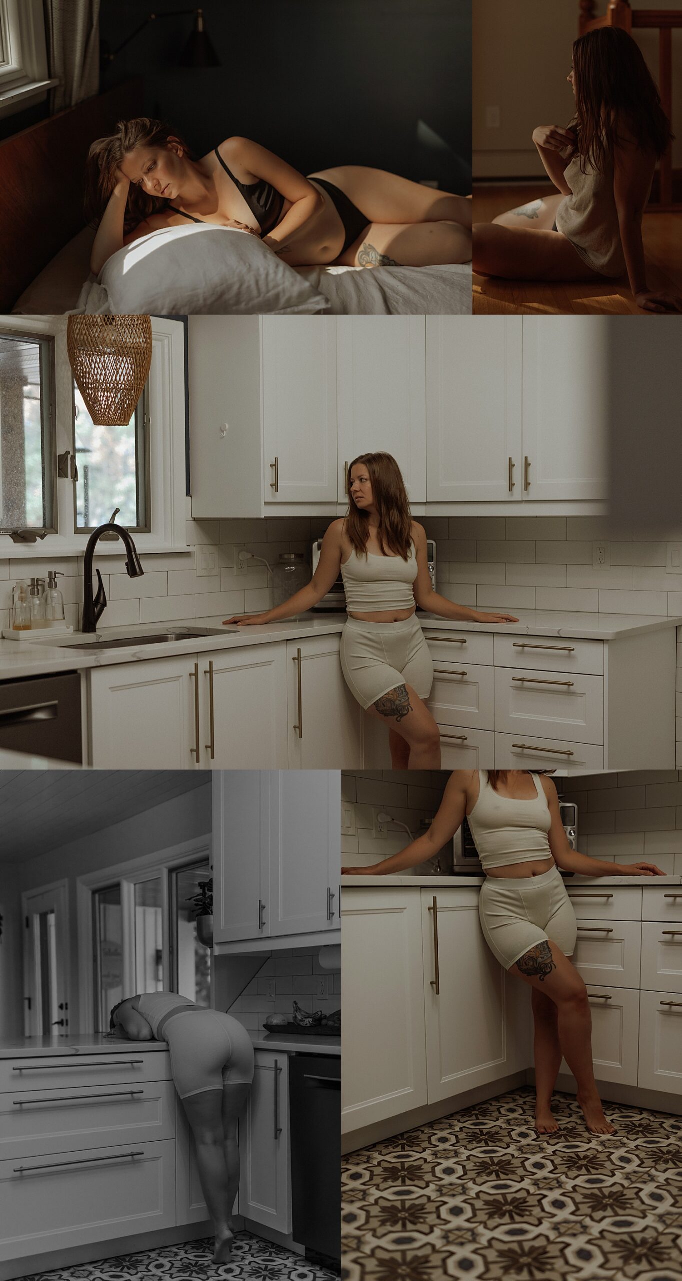 woman in white boxers and tank leans against kitchen counter for creative session with Minneapolis boudoir photographer