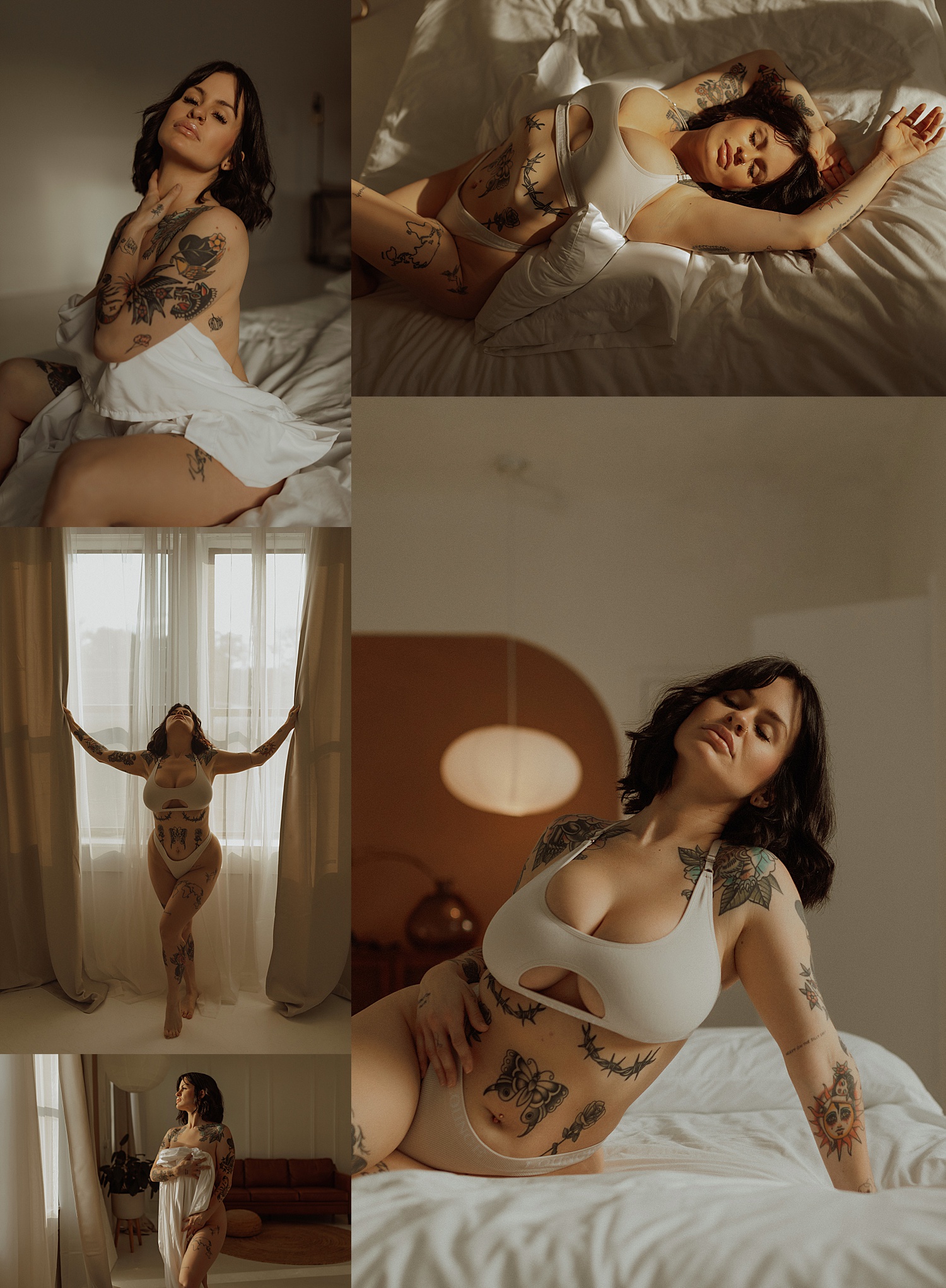 Brunette with tattoos stands in front of window by Mary Castillo Photography 