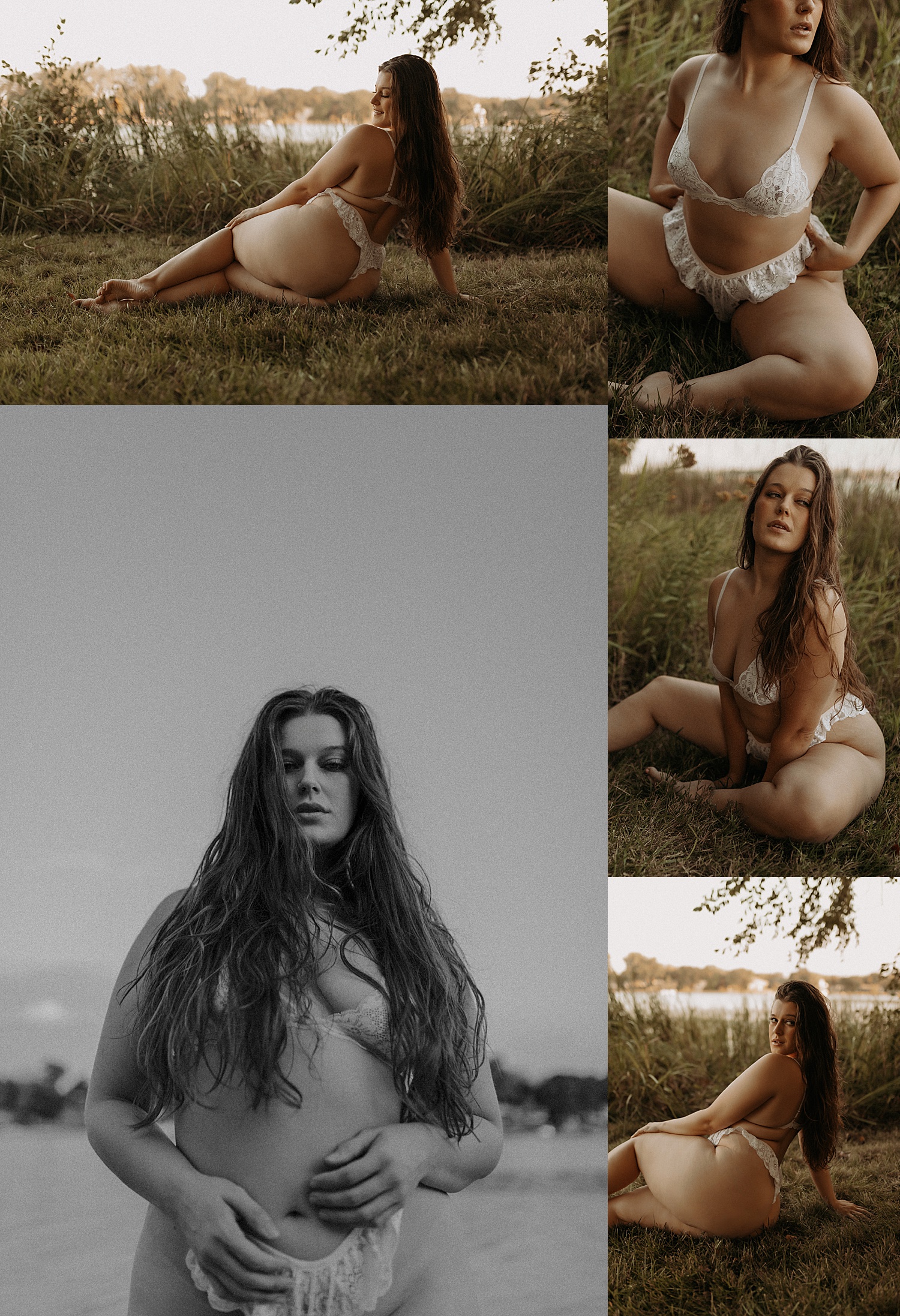 brunette woman in lacy feminine white lingerie sits in field by Mary Castillo Photography 