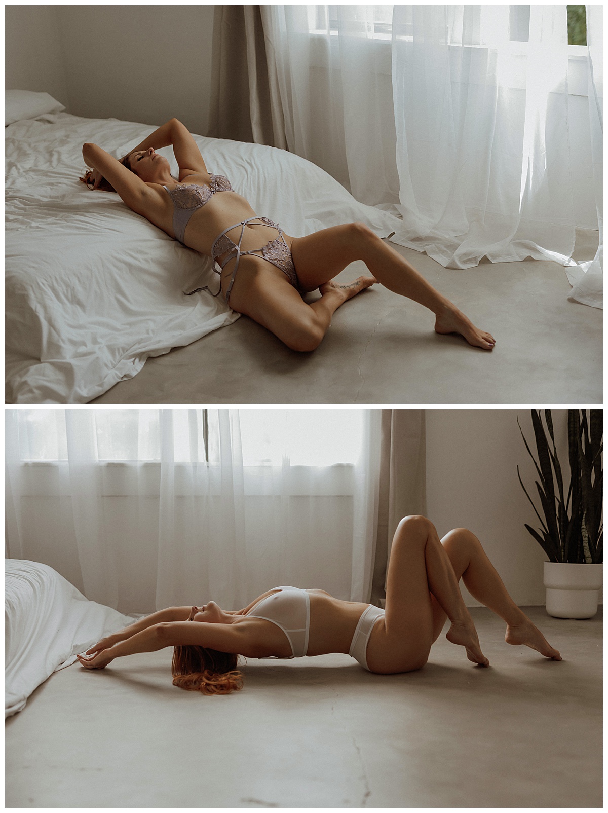 Woman lays on the floor and leans against the bed wearing lingerie for Minneapolis Boudoir Photographer