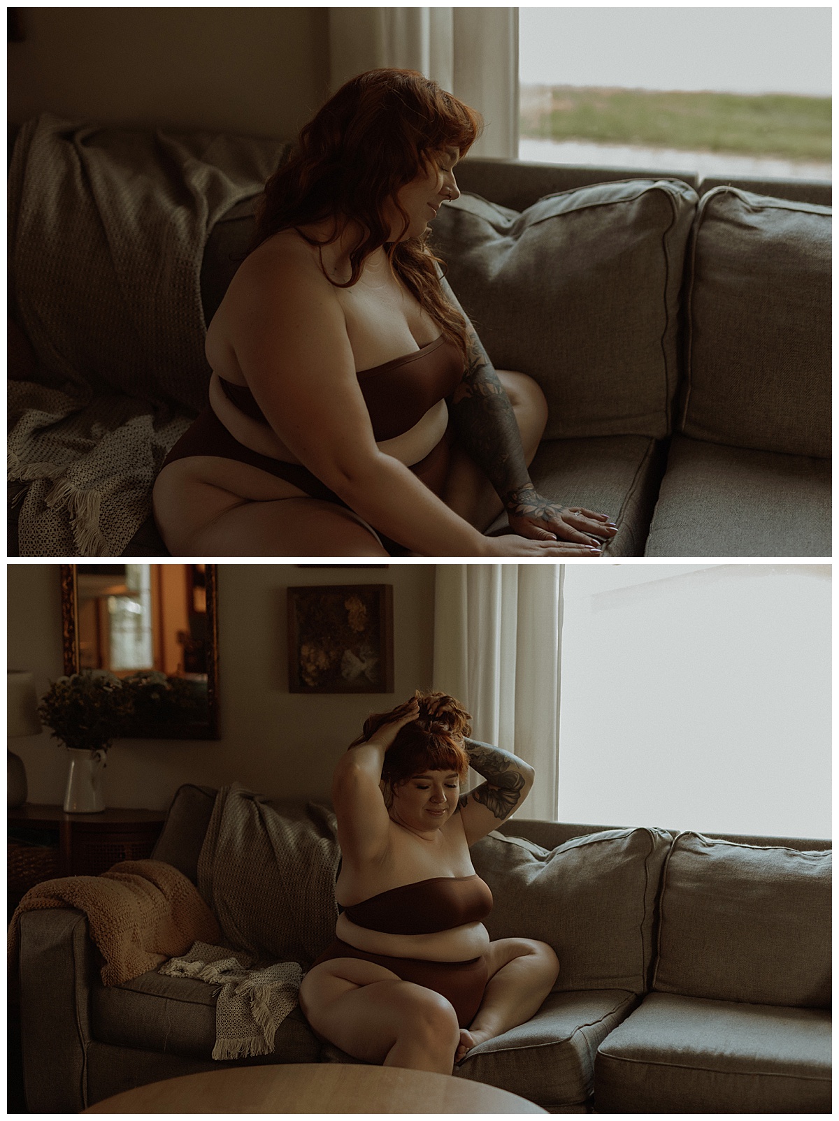 A woman sits on the couch during her home session for Minneapolis Boudoir Photographer