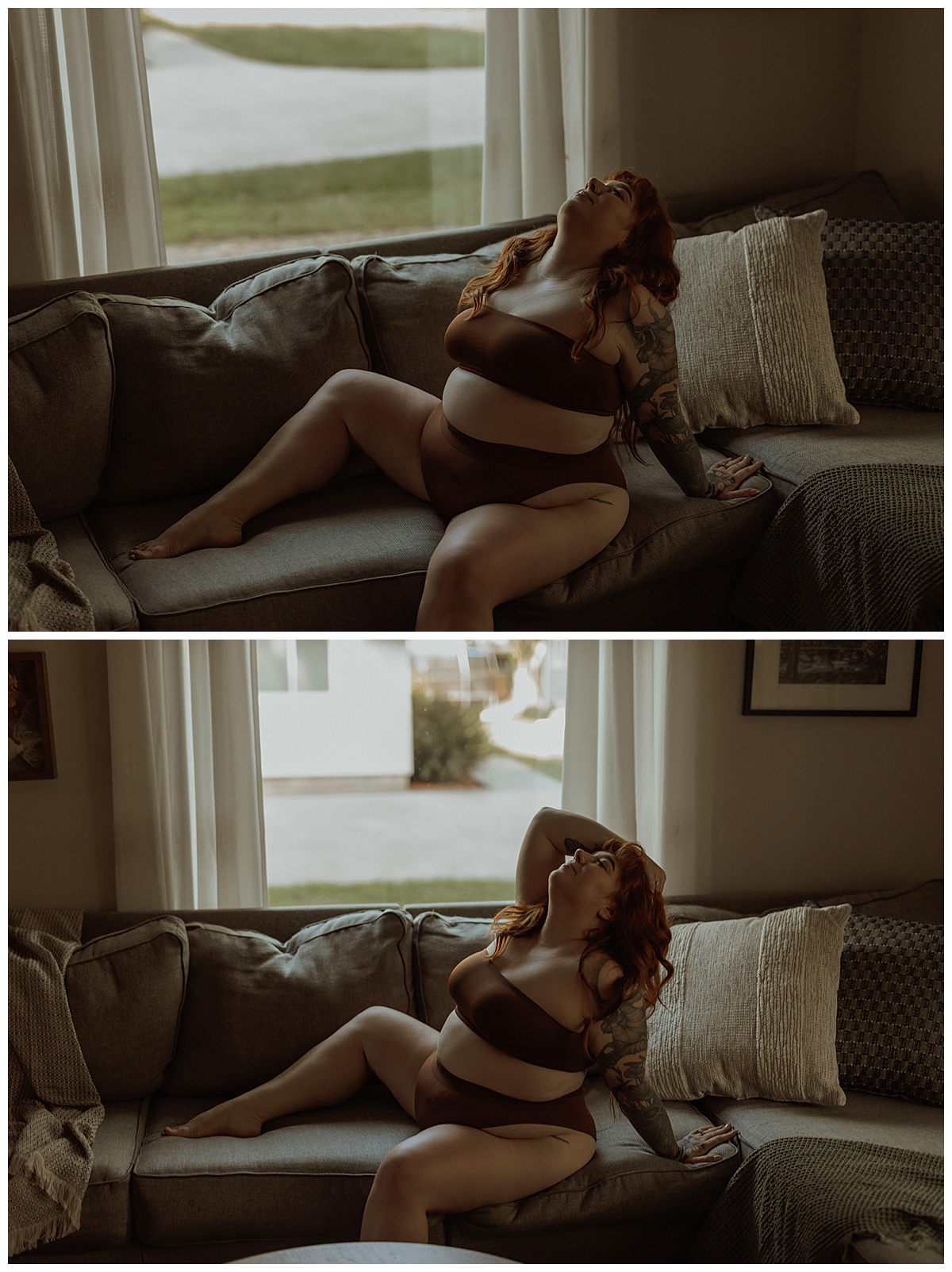 Person wears brown lingerie sitting on the couch for Mary Castillo Photography